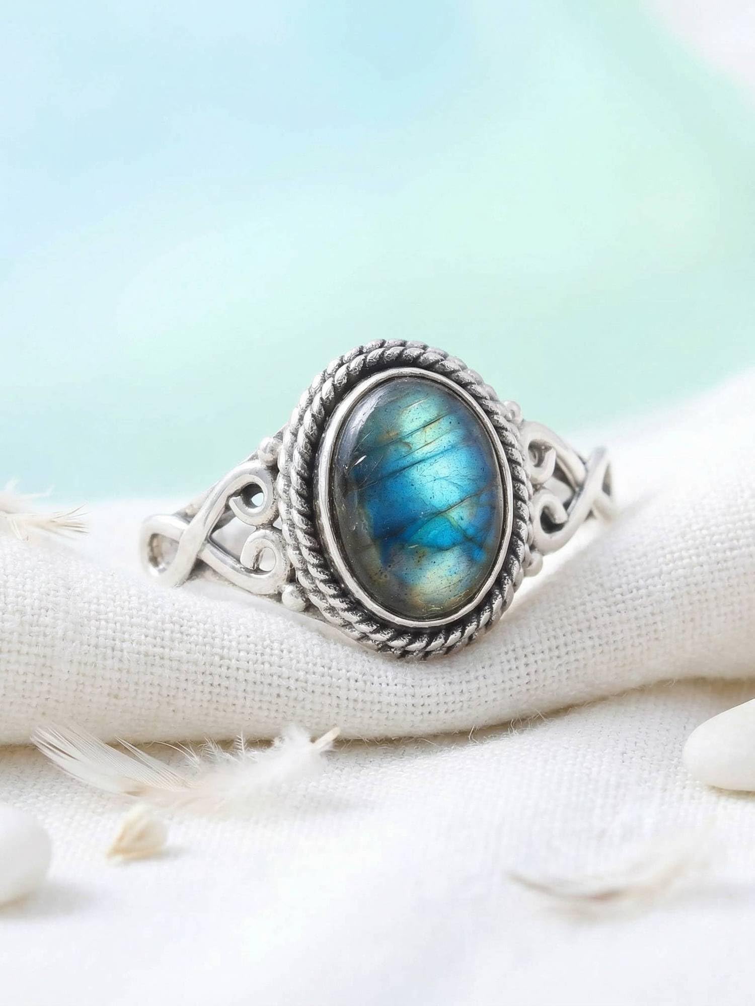mantraroma Silberring Damen 925 Sterling Silber – ovaler Edelstein Ring, Vintage Statement Ring Schmuck, elegantes Geschenk für Frauen