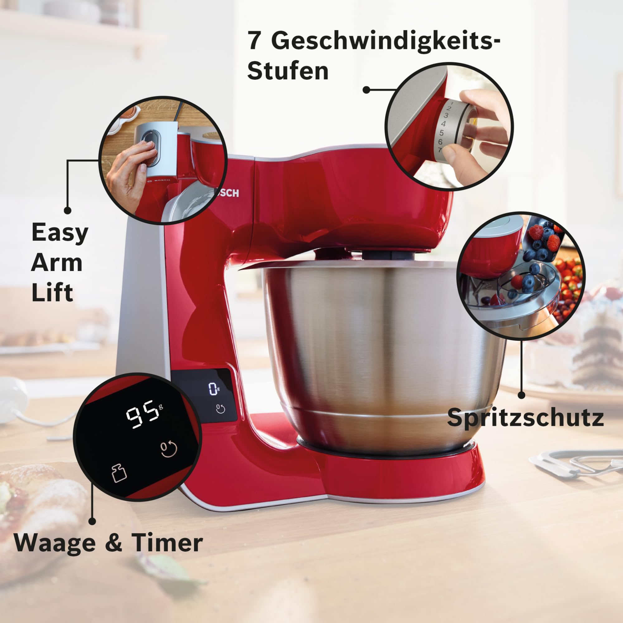 Bosch Küchenmaschine MUM5 MUM5X720, integrierte Waage,Edelstahl-Schüssel 3,9L, Mixer 1,25L, Profi-Knethaken, Planetarisches Rührgetriebe, Rührbesen, Durchlaufschnitzler, 1000 W, Silber/Dunkelrot