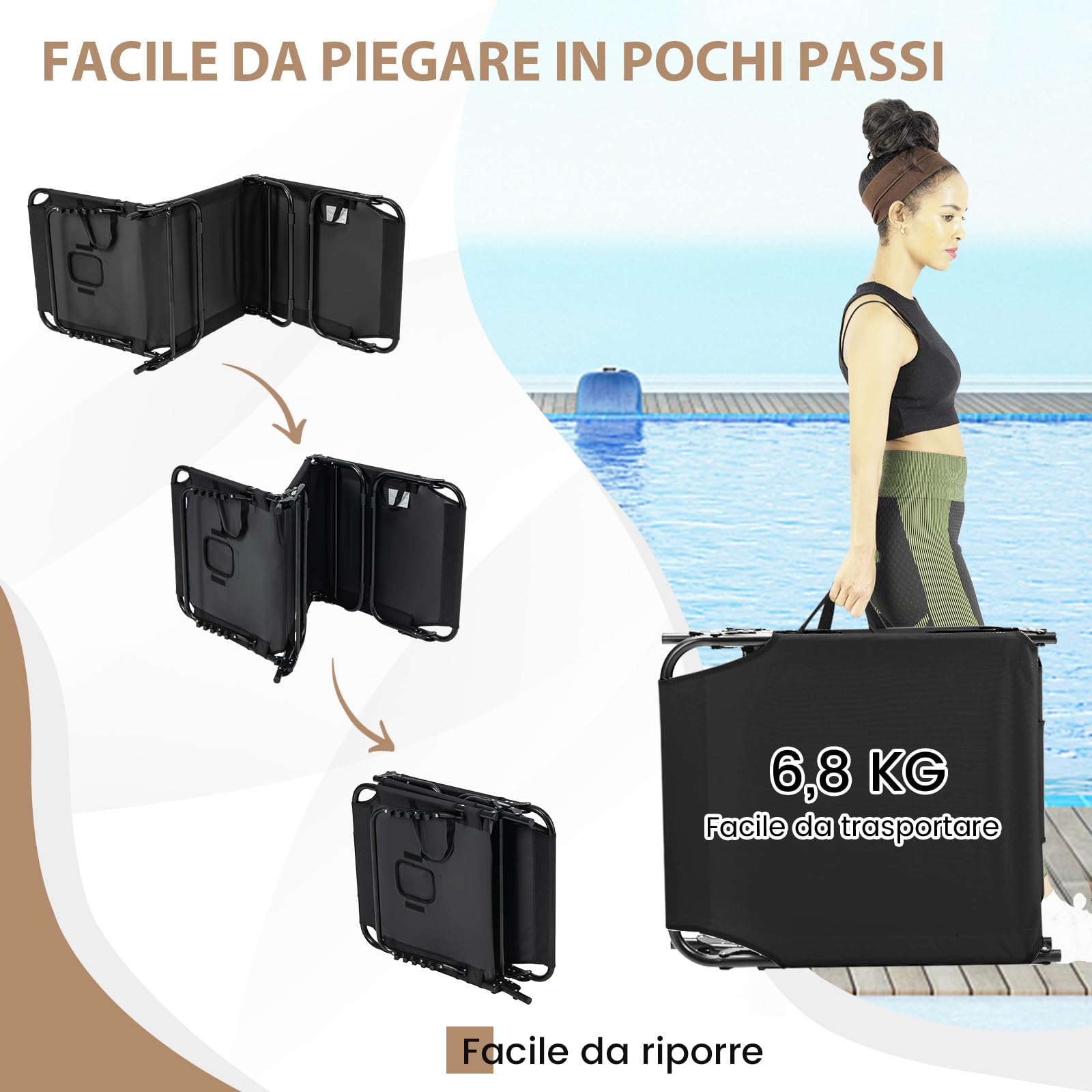 COSTWAY Lettino Prendisole Pieghevole da Spiaggia (1, Nero) | Sedia a Sdraio da Mare con Schienale Regolabile 5 Posizioni, Foro per il Viso e 3 Cuscini Rimovibili, Portata 160kg