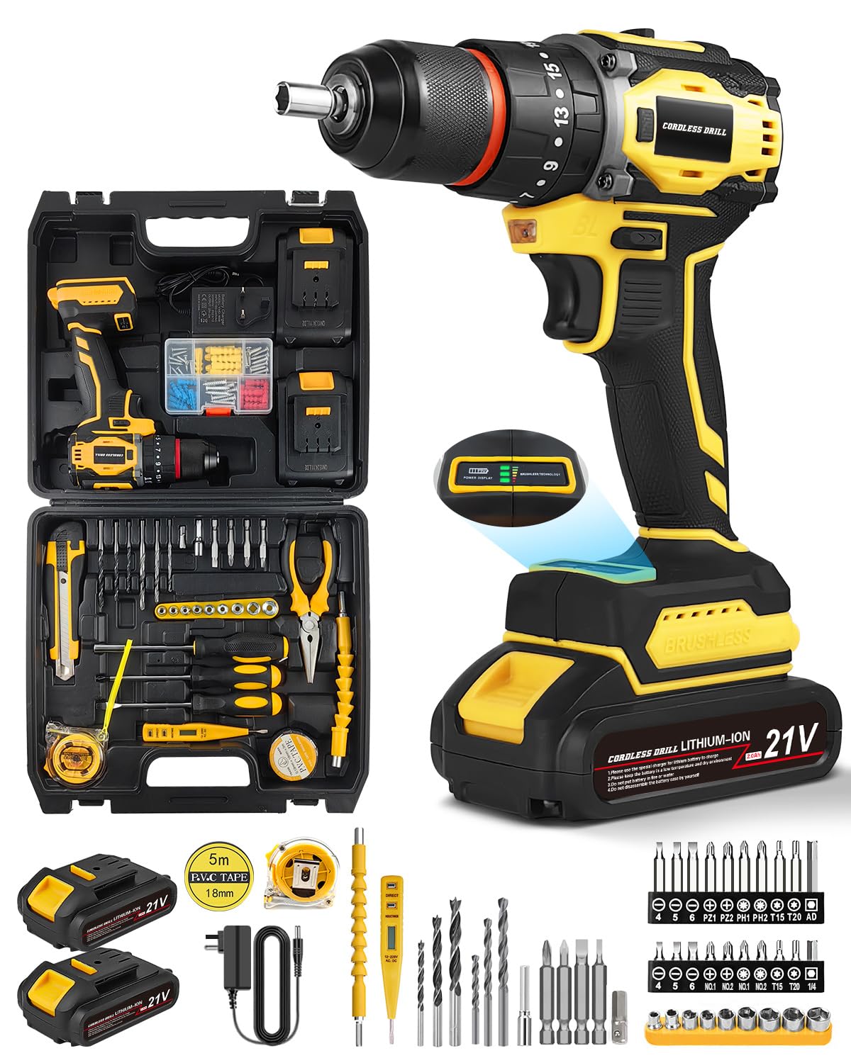 Maxesla Light 115Pcs Cordless Drill Set 21V, 25+3 Torque Brushless Combi Drill With 2 * 2000Mah, 45N.m Max Electric Screwdriver Kit, 2 Variable Speed, Led Work Home And Garden Diy Project Kit