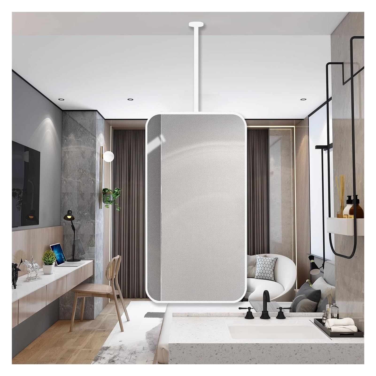 FGXHHS Ceiling Wall Mounted Rectangular Mirror, White Metal Frame, Floating Bathroom Square Vanity For Home Or Hotel, Decorative Minimalist Glass(40cmx60cm)