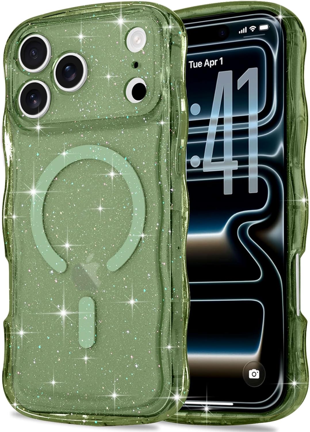 Product image of Magnetic for iPhone 17 Pro Max Case Clear, Sparkly Bling Glitter Cute Curly Wave Cover for Women Men Compatible with MagSafe TPU Shockproof Protective Phone Case for iPhone 17 Pro Max, Green