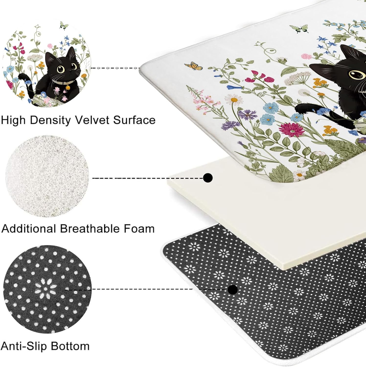 Mocsicka Floral Shower Curtain Set Cute Funny Black Cat Shower Curtain Set Farmhouse Wildflower Bath Curtain Boho Floral Bathroom Decor Set with Non-Slip Washable Bath Rugs, Toilet Lid Cover