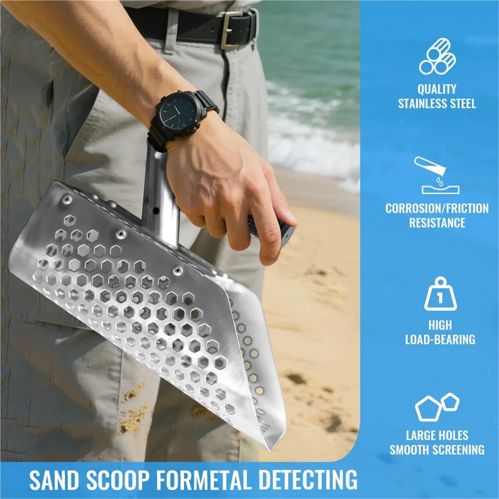 Rastrillo per pulci di sabbia Pala da spiaggia portatile for sabbia, pala, metal detector, palette for , for la ricerca di tesori(Silver)