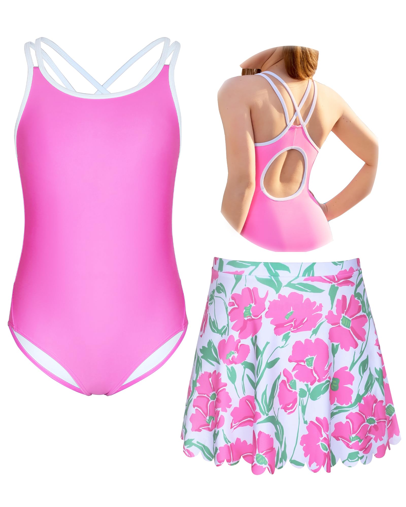beautyin Maillot de bain une pièce pour fille avec jupe croisée dans le dos, taille 36-42