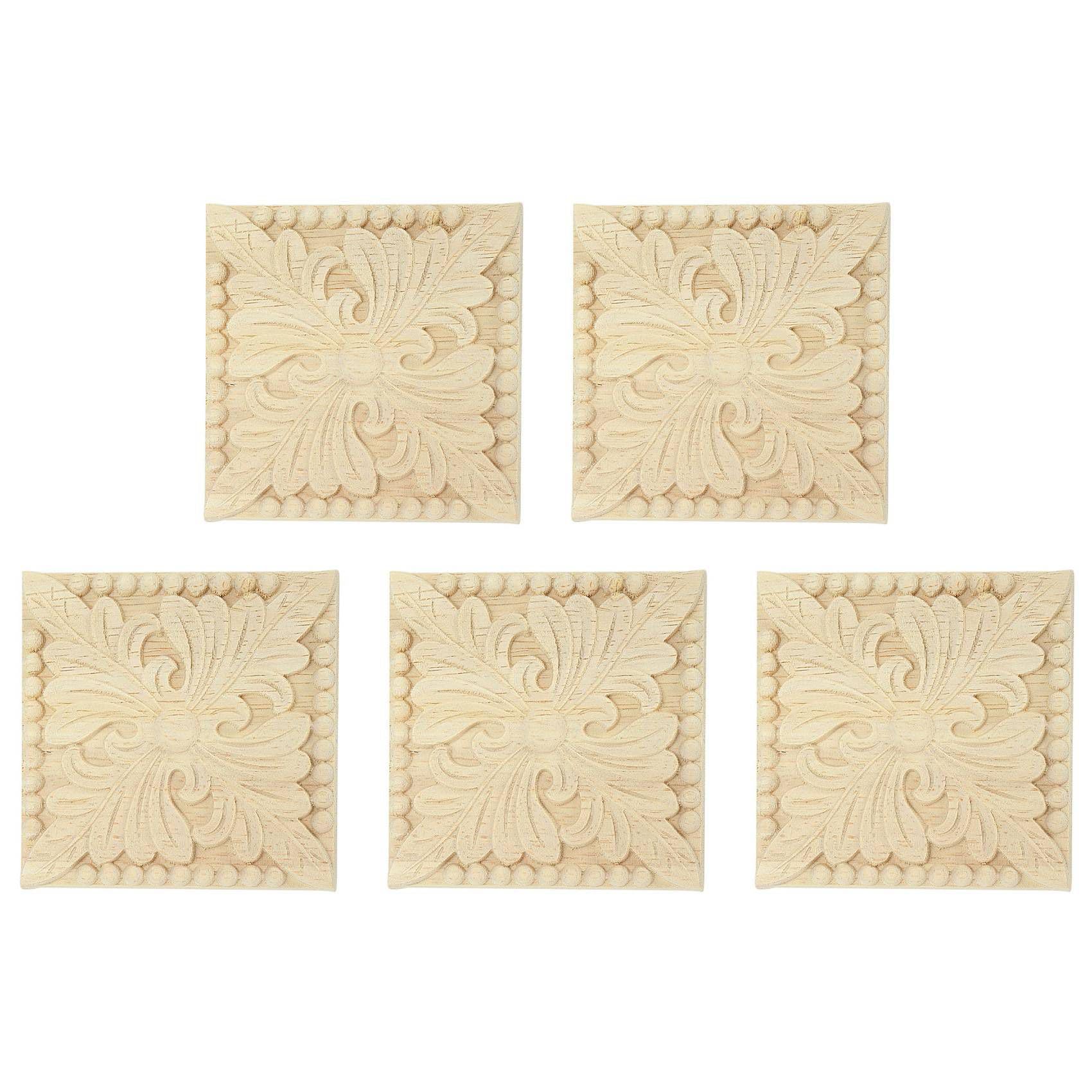 Vjsujehgy 5X Natural Wood Appliques Square Flower Carving Decals Decorative Wooden Mouldings 10x10cm