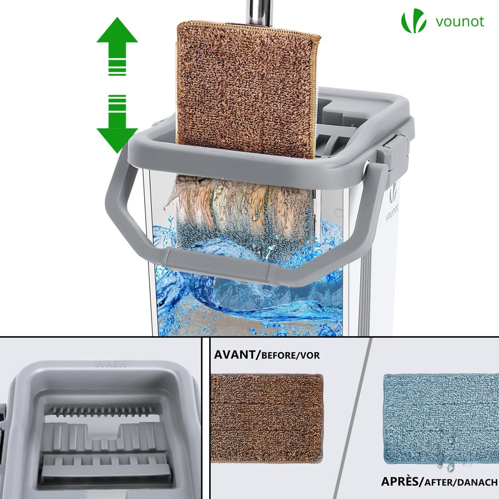 VOUNOT Bodenwischer, Wischmopp Set mit Eimer zum Auswringfunktion, Flacher Mikrofaser & Putzset mit Edelstahlgriff, 6 Wiederverwendbare Wischmop Ersatzbezüge, alle Arten von Böden Weiß