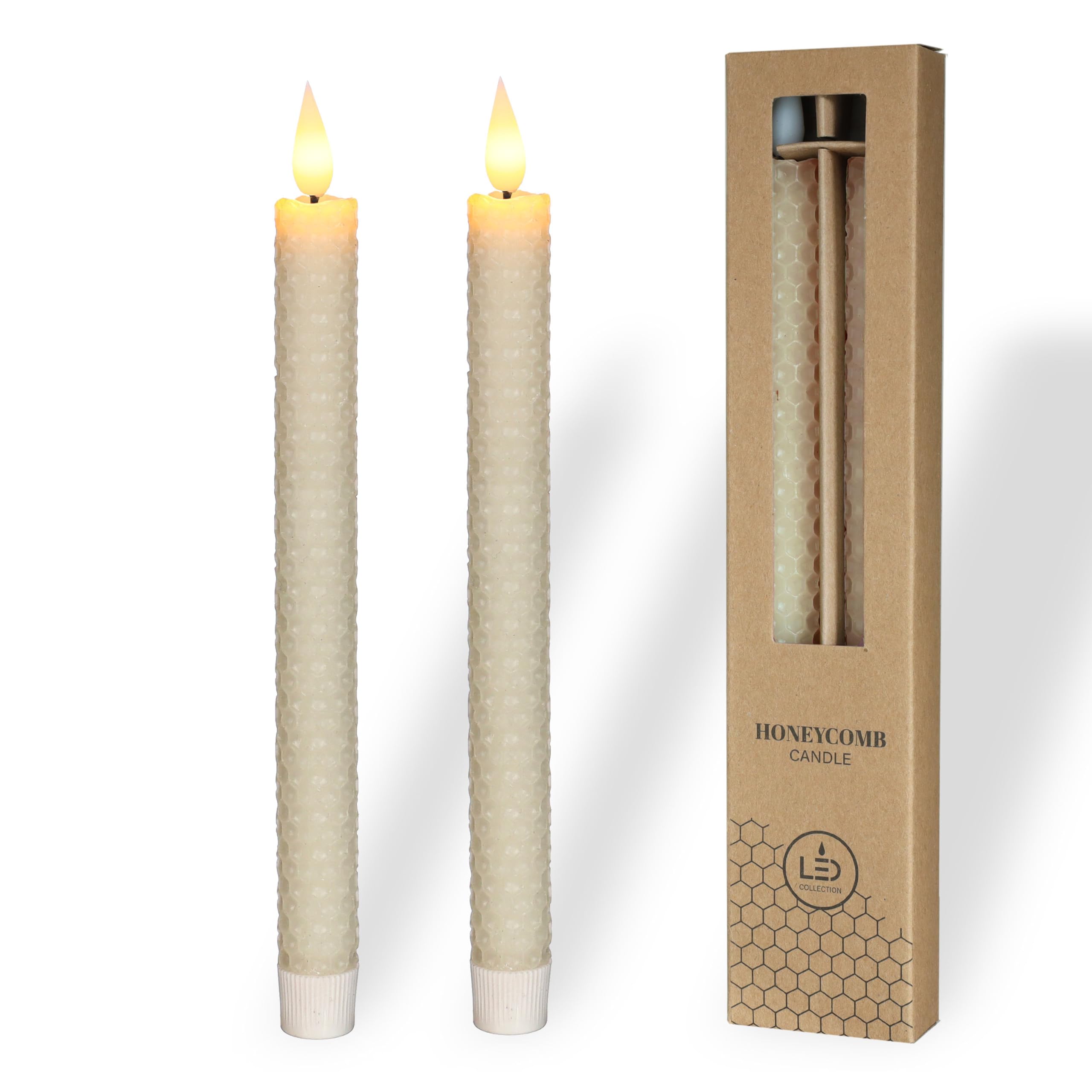 comforder Real Wax LED Candles with Flickering Flame (Set of 2), Electric Taper Candles with Timer Function, Honeycomb Look. (Cream)