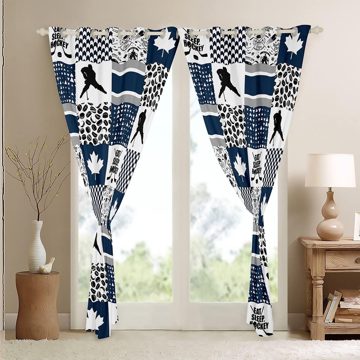 Ice Hockey Blackout Curtains Buffalo Plaid Decor,Pucks Sports Ball Games Curtains,Extreme Sport Curtains & Drapes 2 Panels 42"Wx63"L,Maple Leaf Window Treatments Canadian Flag Bedroom Decor Navy Blue