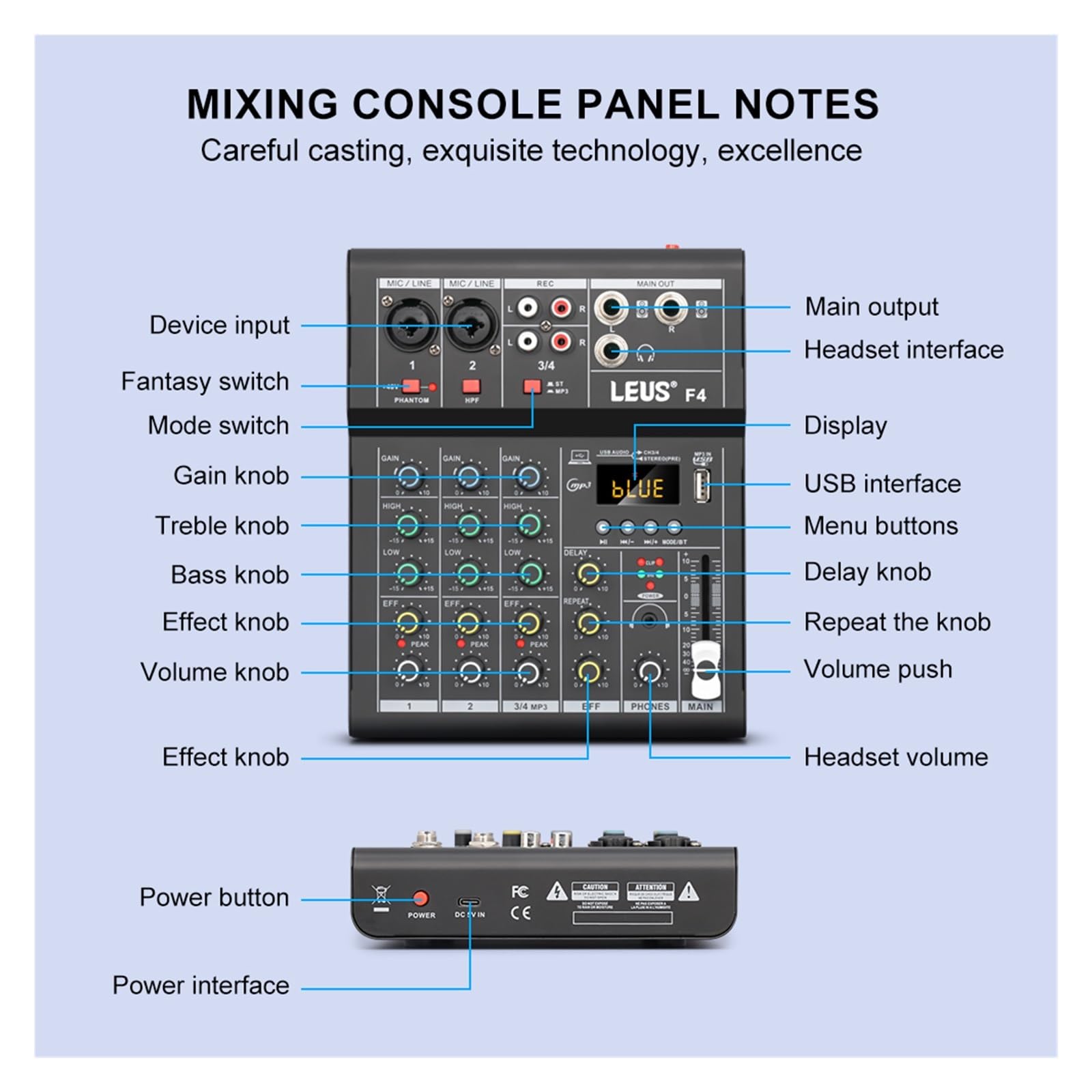 Mixer DJ, F4 Mixing Console Interfaccia Bluetooth USB Registrazione PC 48V Phantom Power Ritardo Ripetizione Effetto 4 Canali DJ Sound Mixer(White)