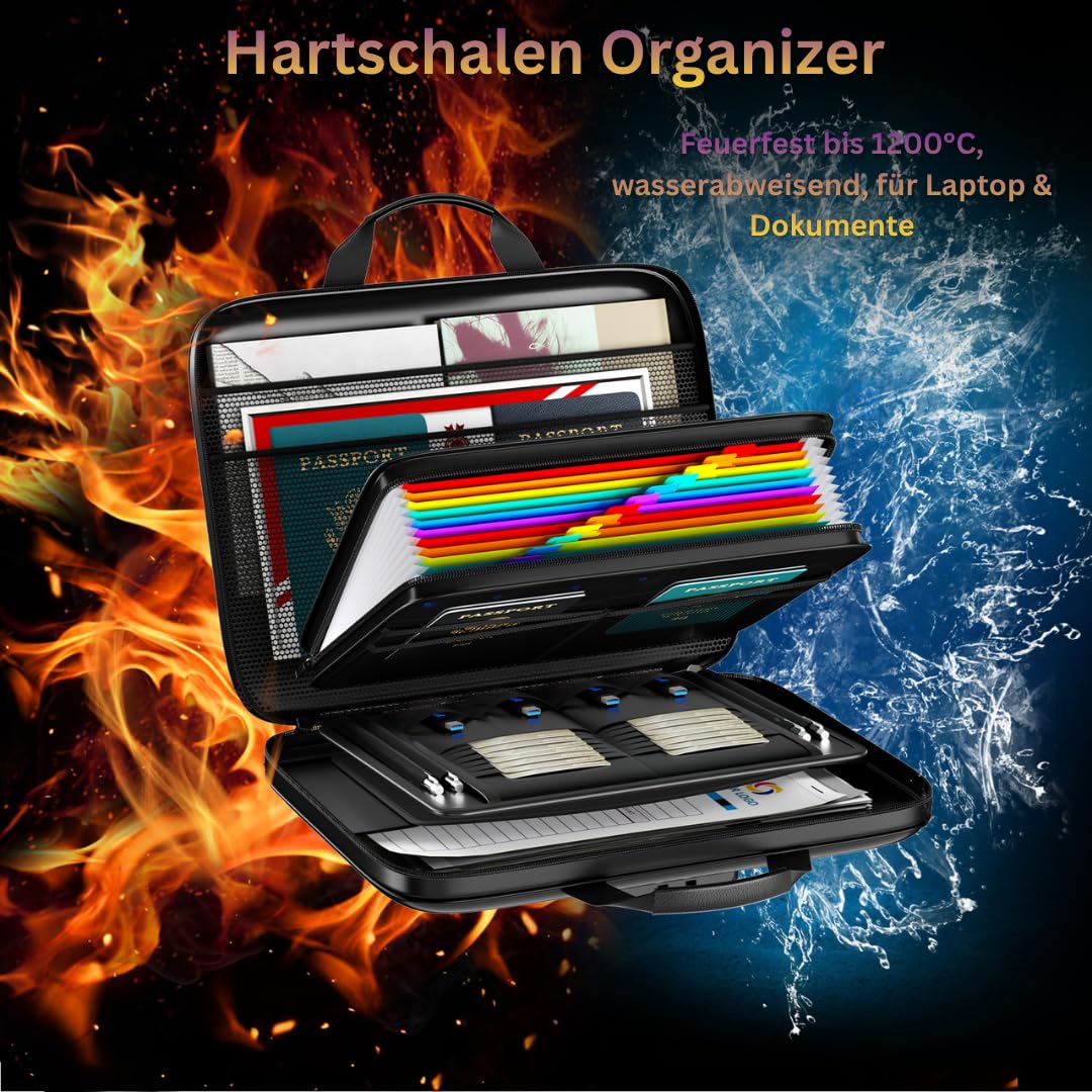 FireMat Feuerfeste Dokumentenmappe mit Hartschale – Aufbewahrungsbox mit Zahlenschloss, wasserfest, 13 Fächer, UL-94 zertifiziert, für A4 Dokumente, Pässe & Laptop (28,5 x 38,5 x 7,5 cm)