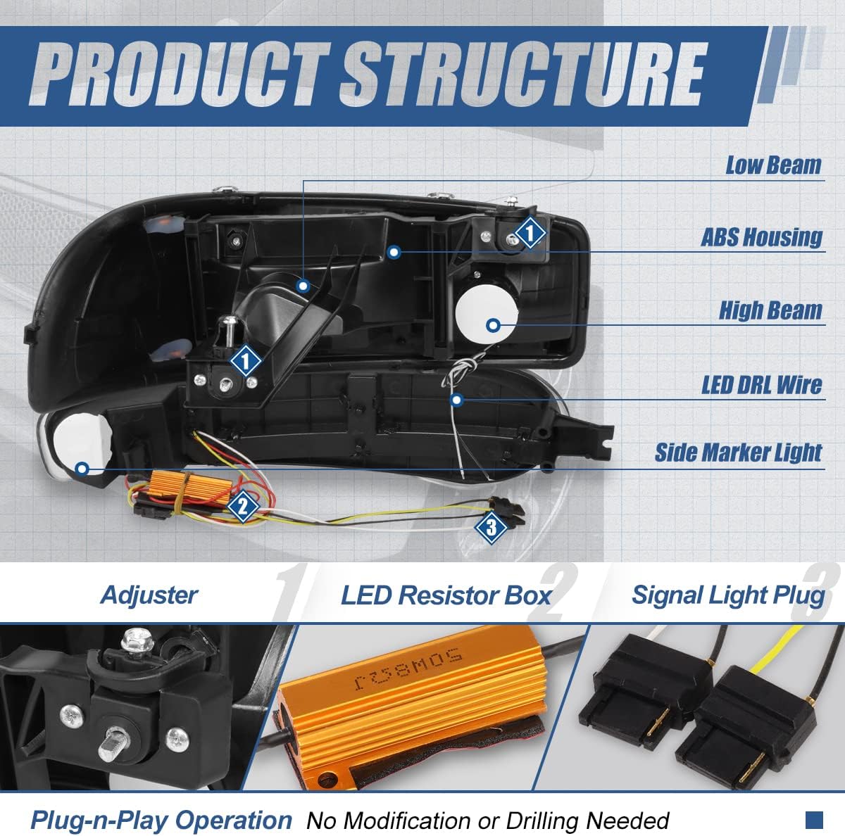 Auto Dynasty 4PCS Switchback LED DRL Headlights and Bumper Lamps Compatible with GMC Sierra C3 Yukon XL 1500 Denali 2001-2007, Driver and Passenger Side, Black Housing Amber Corner