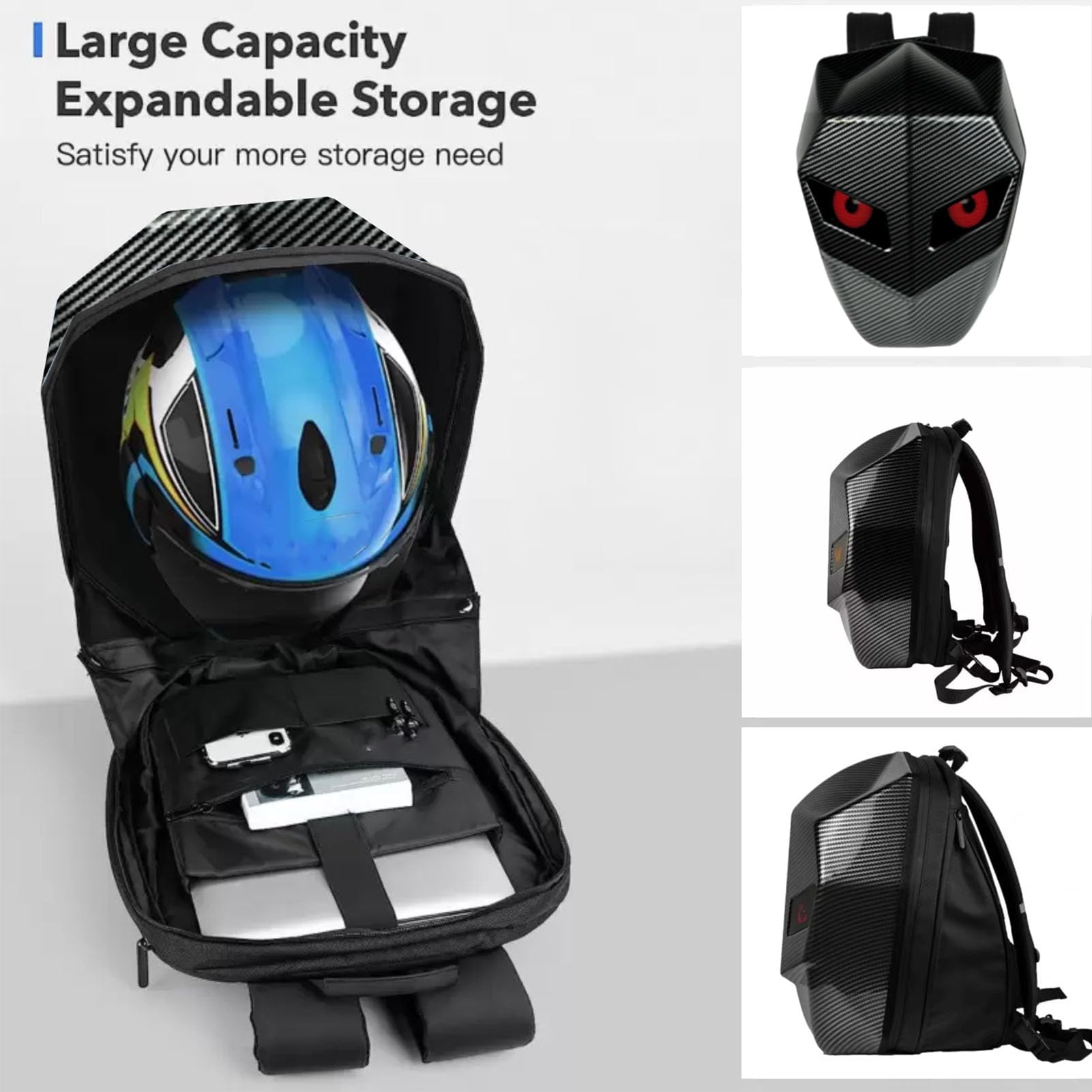 Plecak Z oczami LED, plecak motocyklowy LED, plecak LED, plecak motocyklowy z programowalnym ekranem LED, tekstura włókna węglowego, wodoodporna, twarda skorupa, torba na laptopa na kask