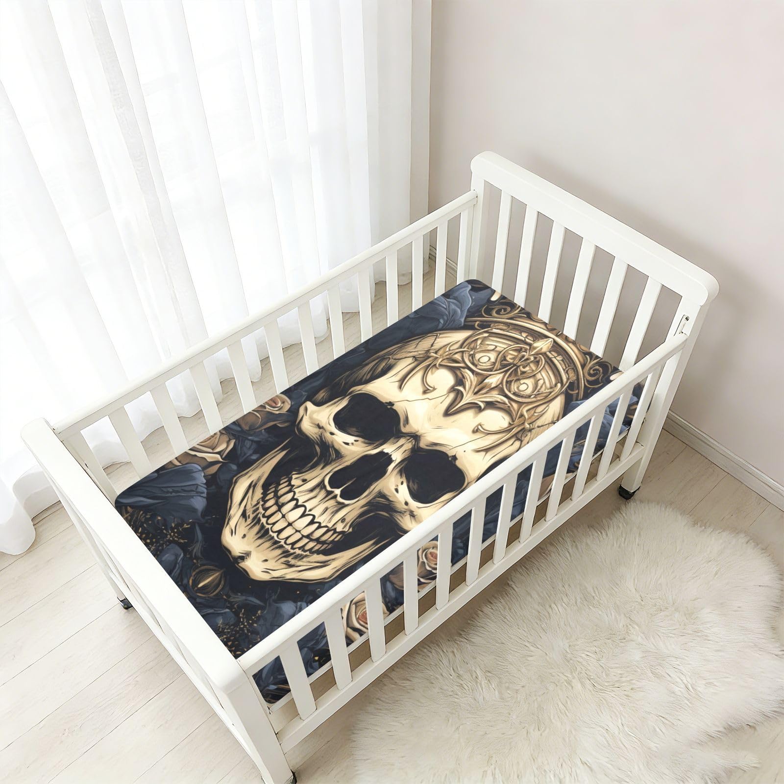 Princesa Calavera Dorada Rosa Sábana de Cuna para Niños Pequeños,Sábanas de Algodón Suave para Bebés Aptas para Colchón Corralito