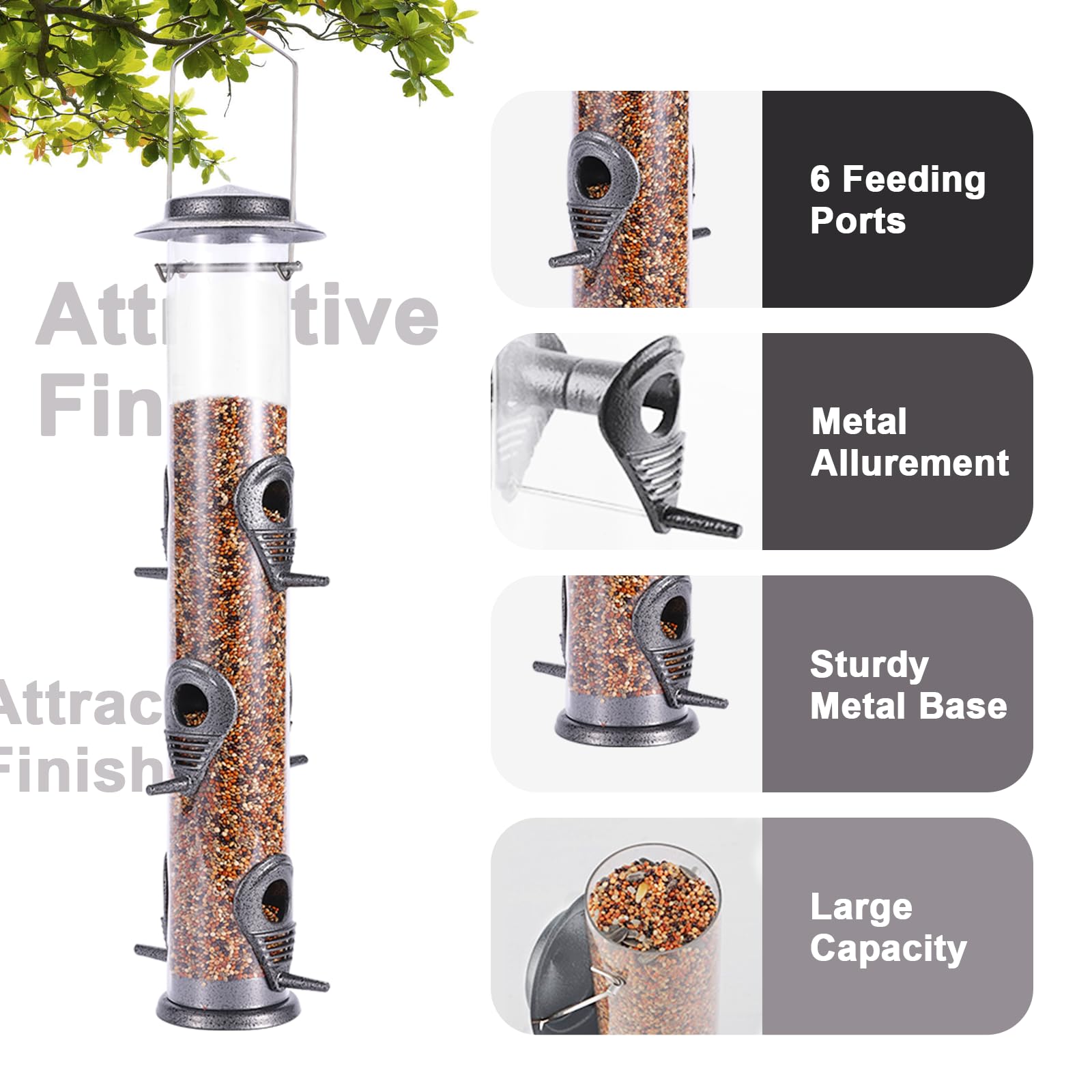 MIXXIDEA Metal Tube Bird Feeders for Outdoors Hanging Bird Feeders for Outside Wild Birds Feeder 6 Ports Hanging Bird Feeder Attract Birds in Your Lawn - Image 3