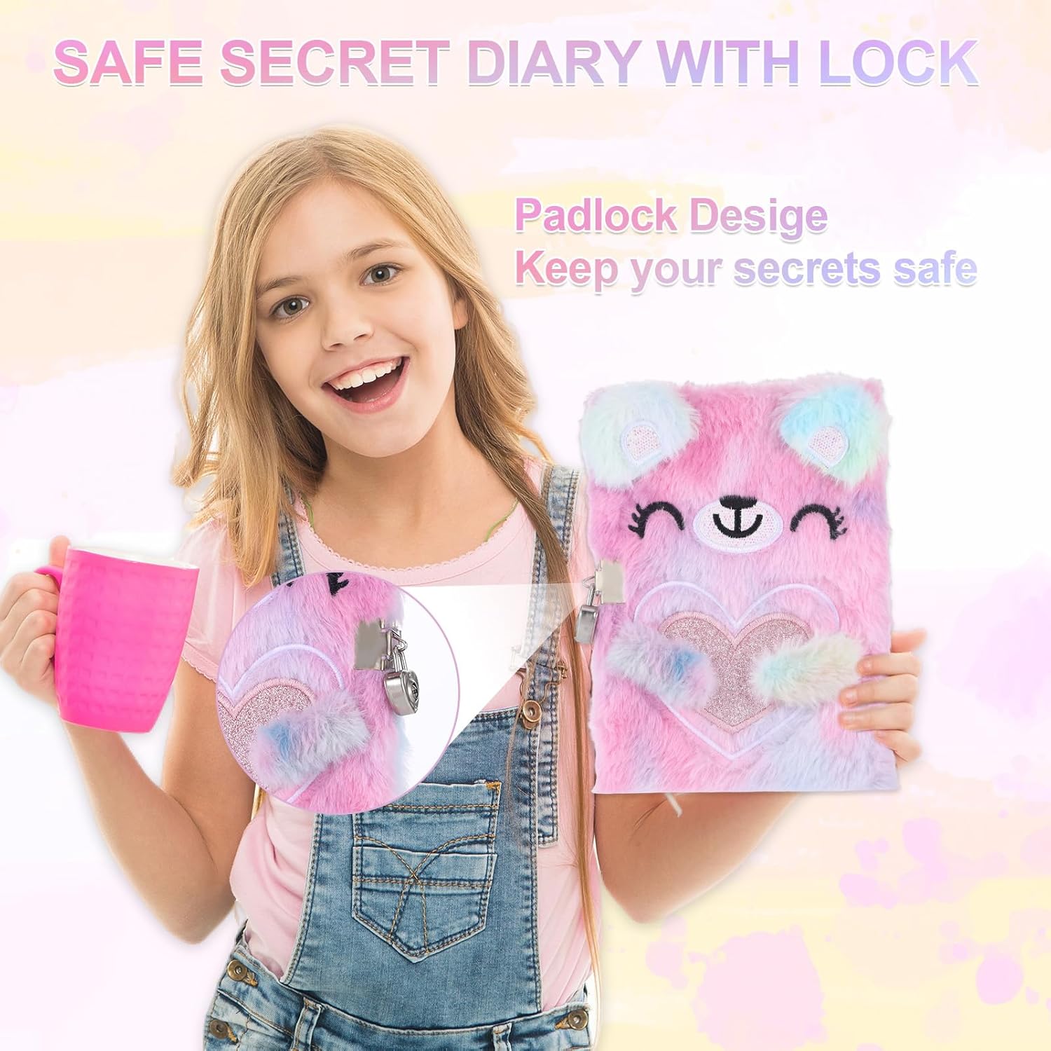 Cat Diary with Lock for girls,6 7 8 Year Old Girl Birthday Gifts,Cute Journal with Lock,Includes a Hardcover Fluffy Locking Notebook,Multicolored Pens,Diamond Stickers and Gift Box(Pink)