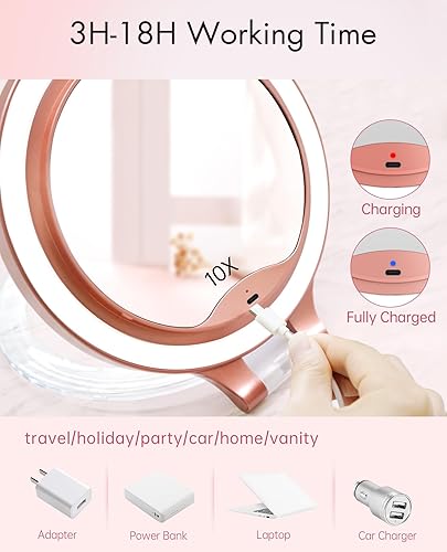 Miniatura 6 de FASCINATE Espejo de aumento de 10 x 1 x doble cara de aumento de maquillaje, espejo iluminado recargable con 3 ajustes de color, rotación ajustable,