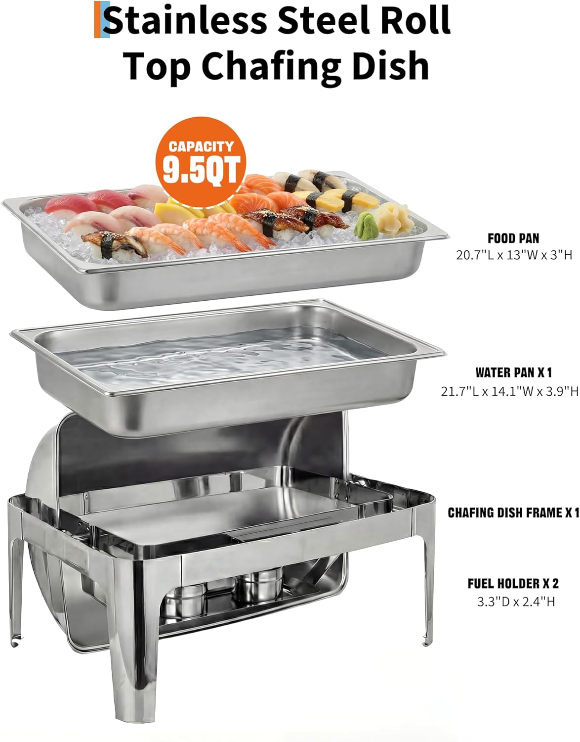 Garvee 9.5 QT Roll Top Chafing Dish for Buffet, Stainless Steel Chafers and Buffet Warmers Set with 90°/180° Full Open Lid, Professional Catering Food Warmer with Food Pan for Parties & Events