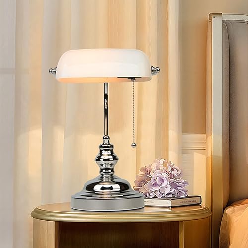 FIRVRE Lámpara de banqueros con pantalla blanca, lámpara de escritorio de banqueros con cadena de tracción, lámpara de escritorio vintage para