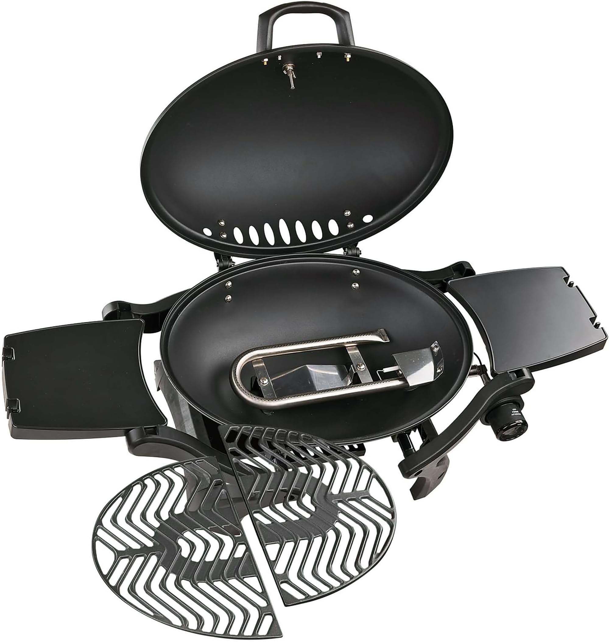 Manhattan stołowy grill gazowy (czarny) z rusztem żeliwnym (owalny, 48 x 36 cm), moc 3,5 kW, składane półki i termometr – grill na balkon, kemping i do aktywności na świeżym powietrzu