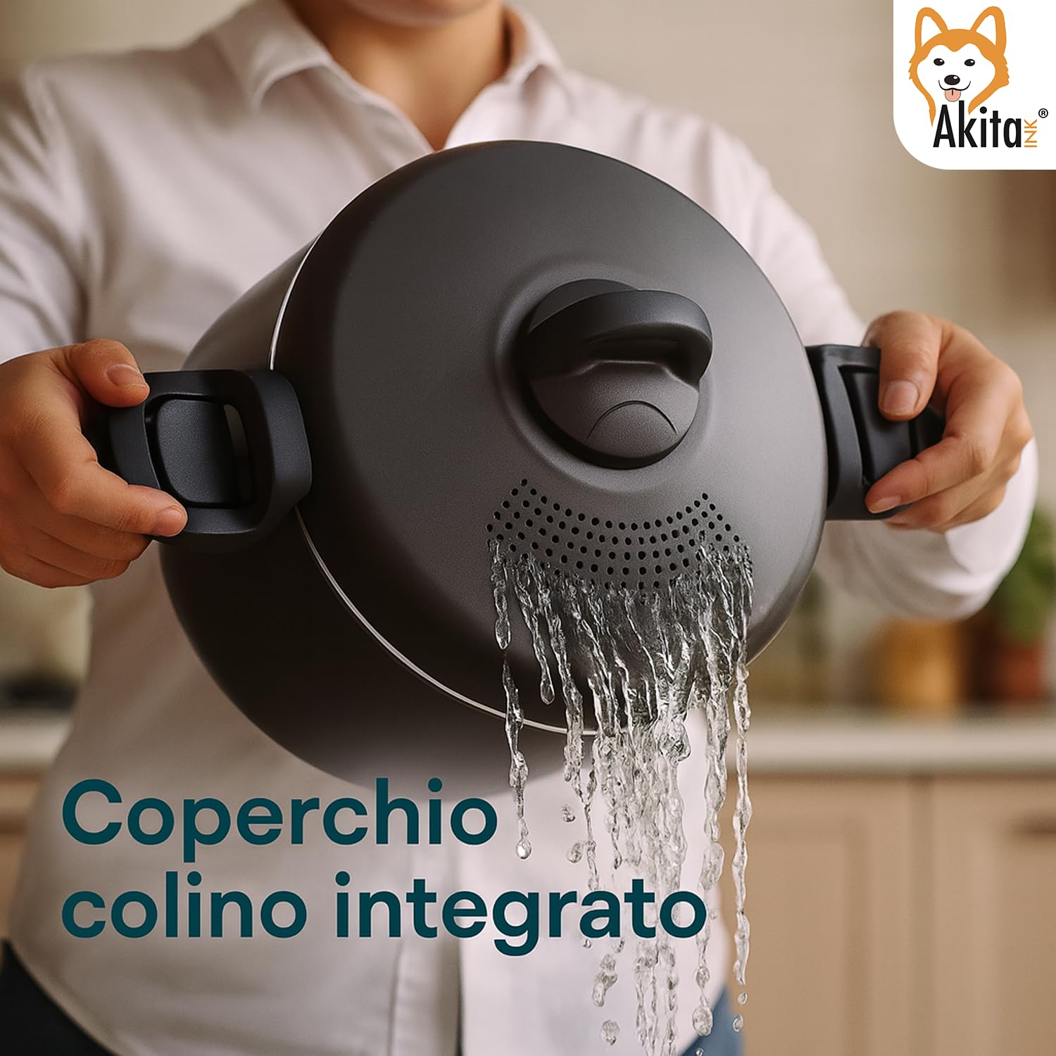Akitaink Pentola 22cm 5L con Scolapasta Integrato Scoli’ - Pentola Antiaderente in Alluminio con Maniglie Bloccanti, Sicura, Pratica e Facile da Pulire, Scolì Made in Italy