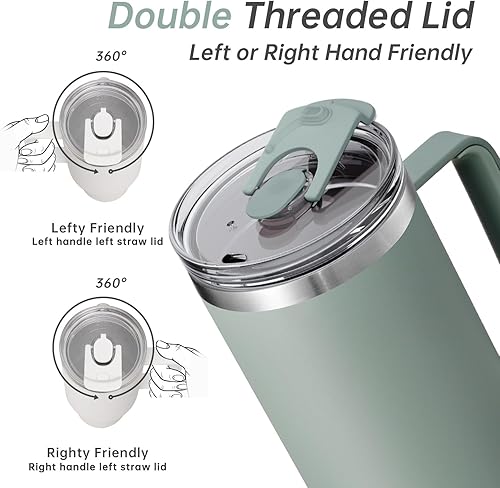 Miniatura 4 de Vaso de 40 onzas con asa y tapa con pajilla, tapa 2 en 1 (con pajilla  abatible), vaso de viaje de acero inoxidable con aislamiento al vacío para