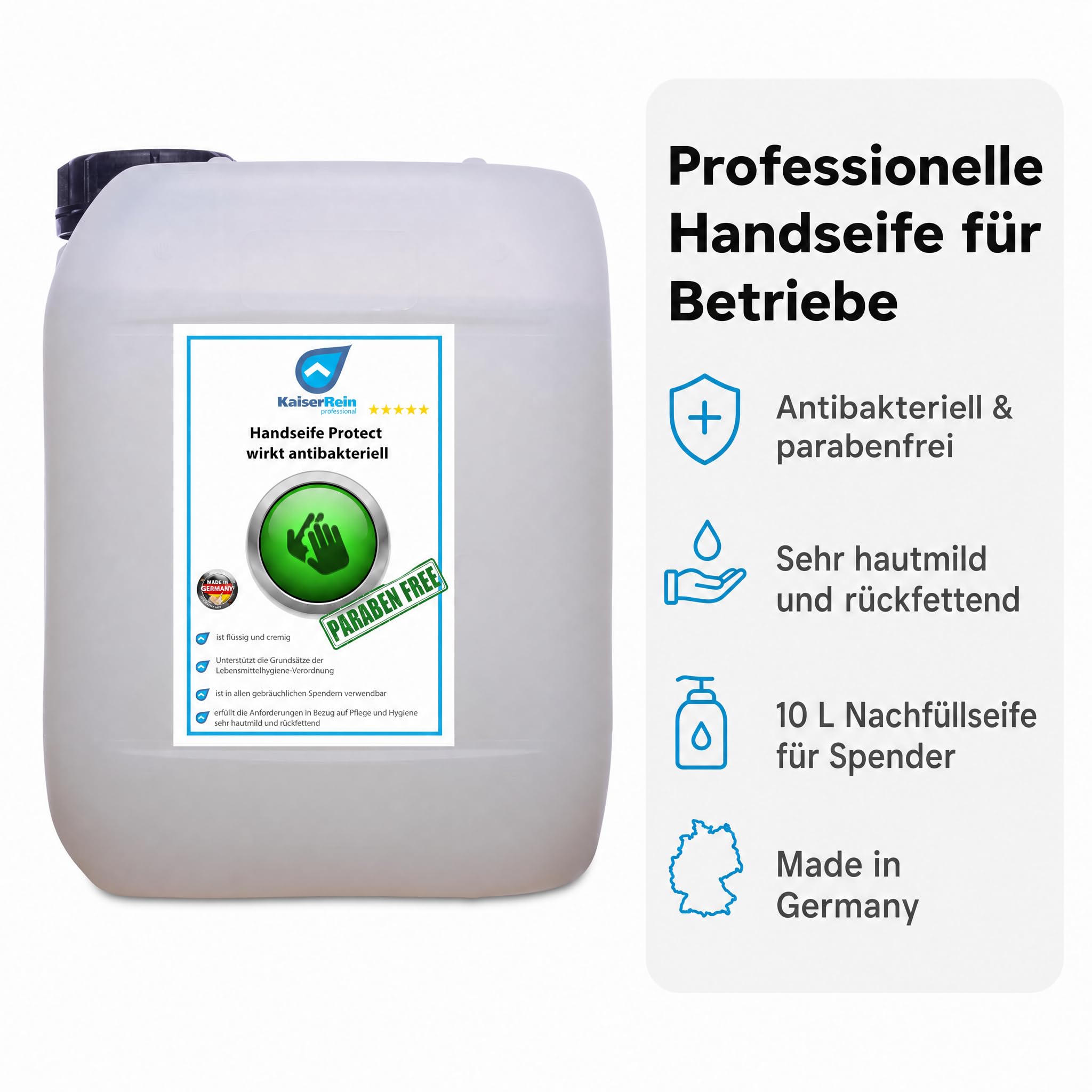 KaiserRein Handseife Protect, Flüssigseife 10 L Kanister, antibakterielle Wirkung, parabenfrei, hautmild & rückfettend, Nachfüllseife für Spender, Made in Germany