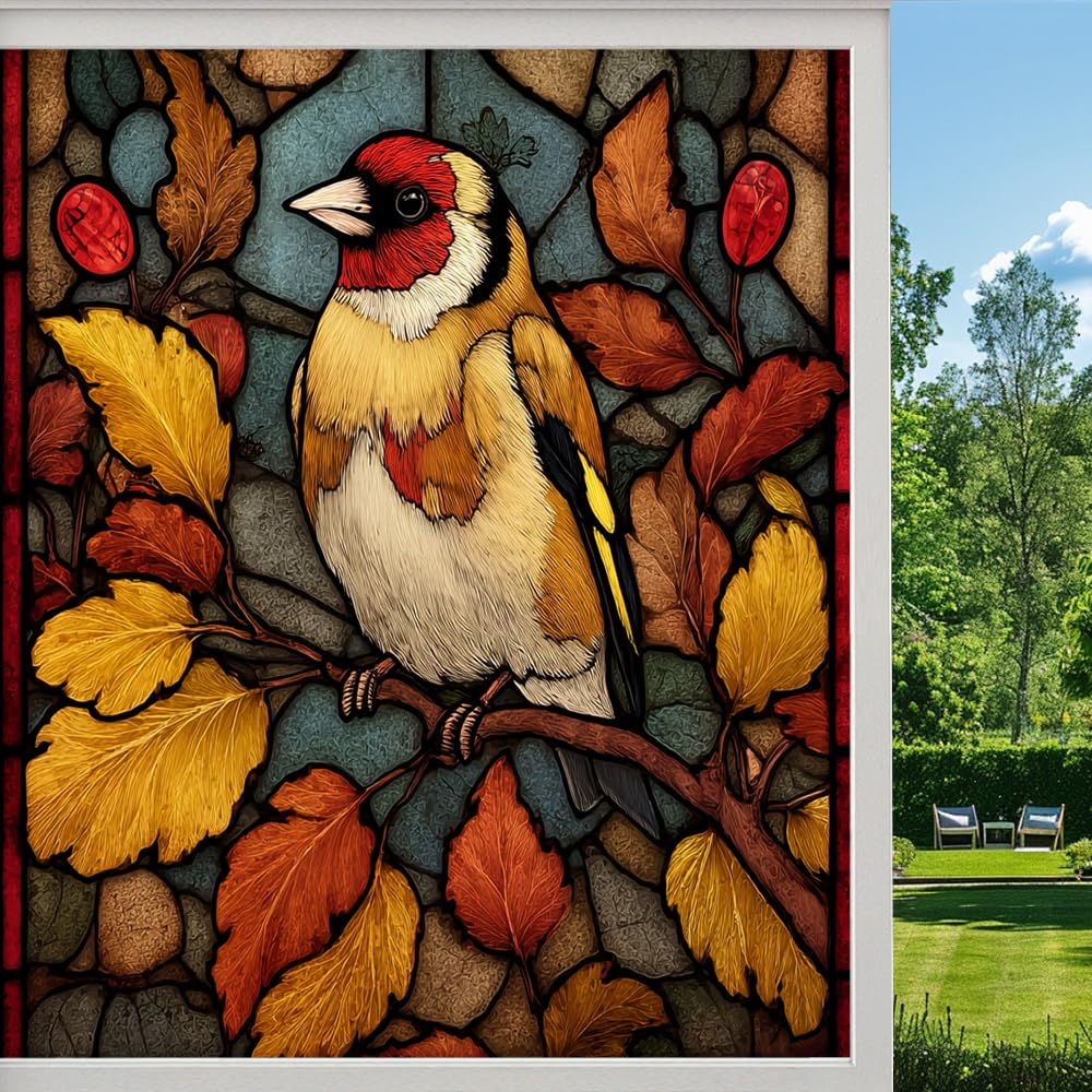 Colorful Bird Privacy Window Film, Abstract Maple Leaves Autumn Frosted Self-Adhesive Vinyl Cling for Glass Doors Bathroom Windows Sun Blocking Heat Control, （90x160cm）