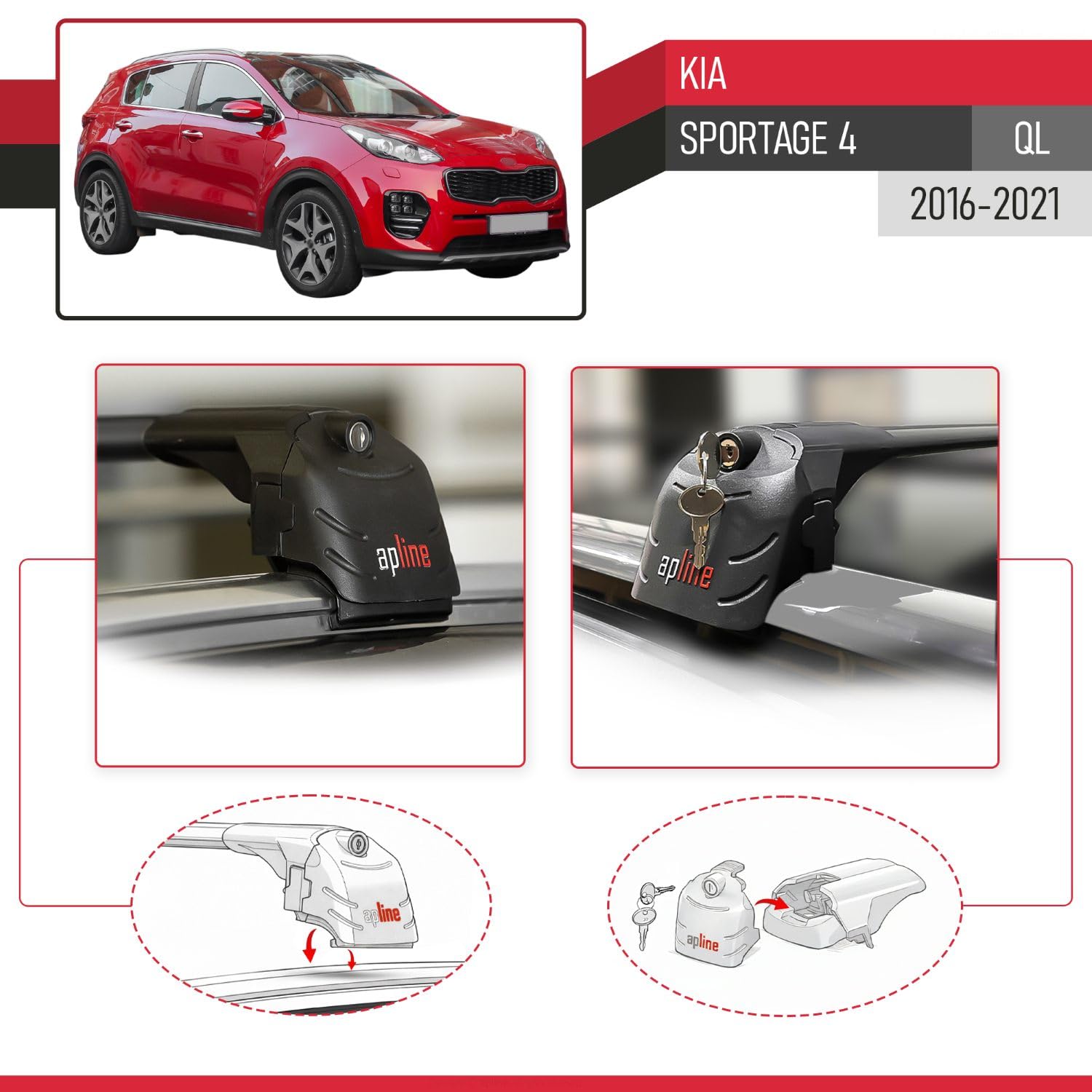 Compatible avec Kia Sportage 4 (QL) 2016-2021 ACE-2 Barres de Toit Railing Porte-Bagages de Voiture Noir Aluminium 2 Barres