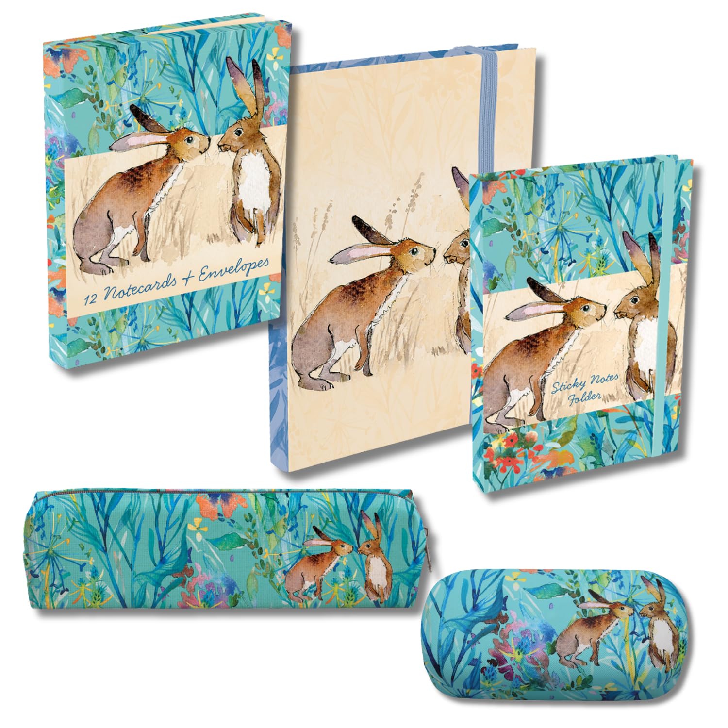 Kissing Hares Thinking of You Gift Set for Women – A6 Notebook, Pencil Case, Glasses Case, Sticky Notes Folder & Notecard Wallet | Wildlife Rabbits Stationery Gift Bundle
