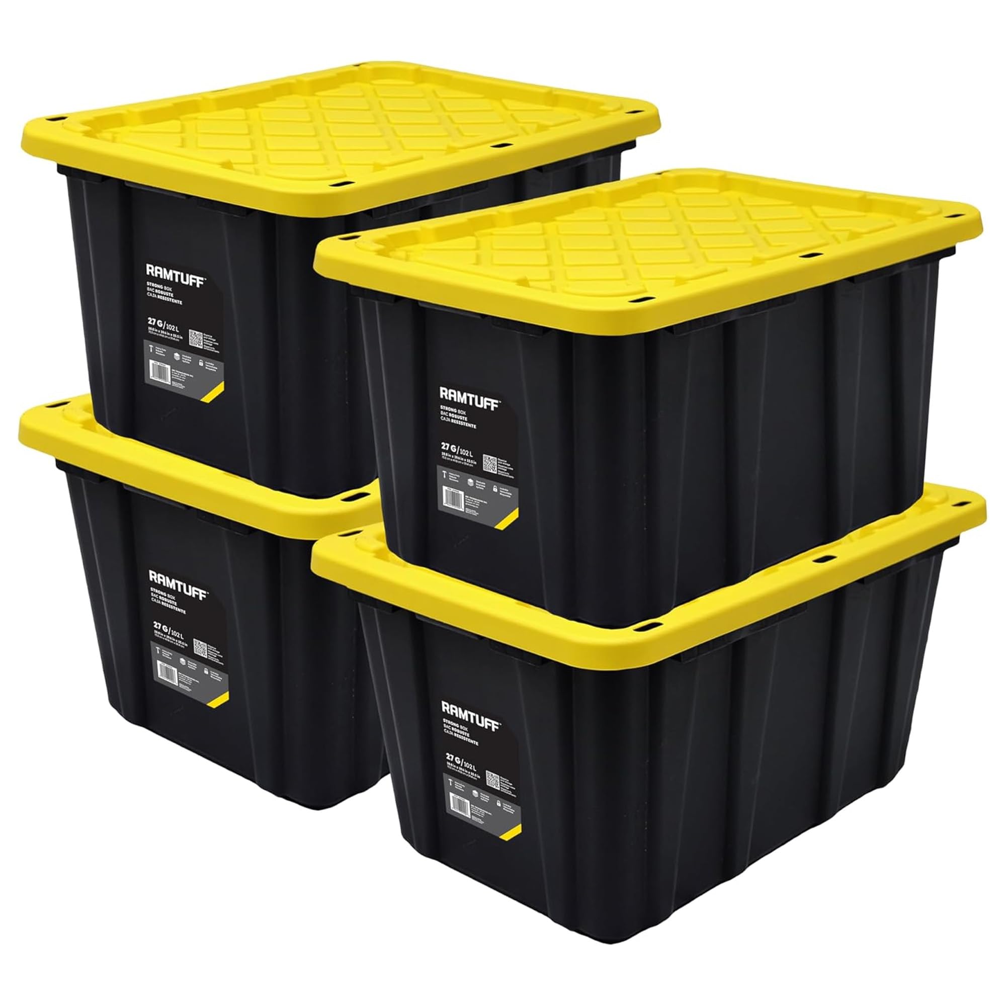 Ramtuff Stackable Storage Container, Black/Yellow, 27 Gallon, 4-Pack