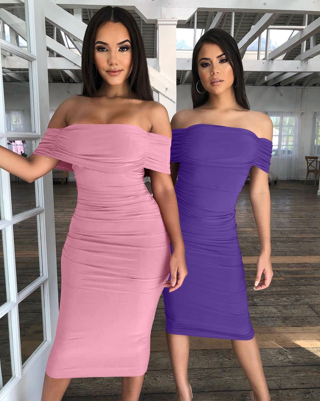 GOBLES Women's Ruched Off Shoulder Short Sleeve Bodycon Midi Elegant Cocktail Party Dress - Image 7