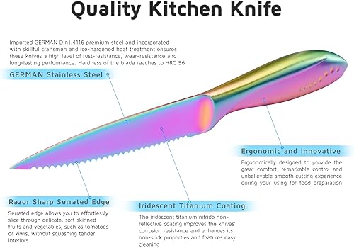 Miniatura 7 de WELLSTAR Cuchillo utilitario, cuchillo de pelar dentado de 4 pulgadas con hoja de acero inoxidable de alto carbono arcoíris súper afilado para