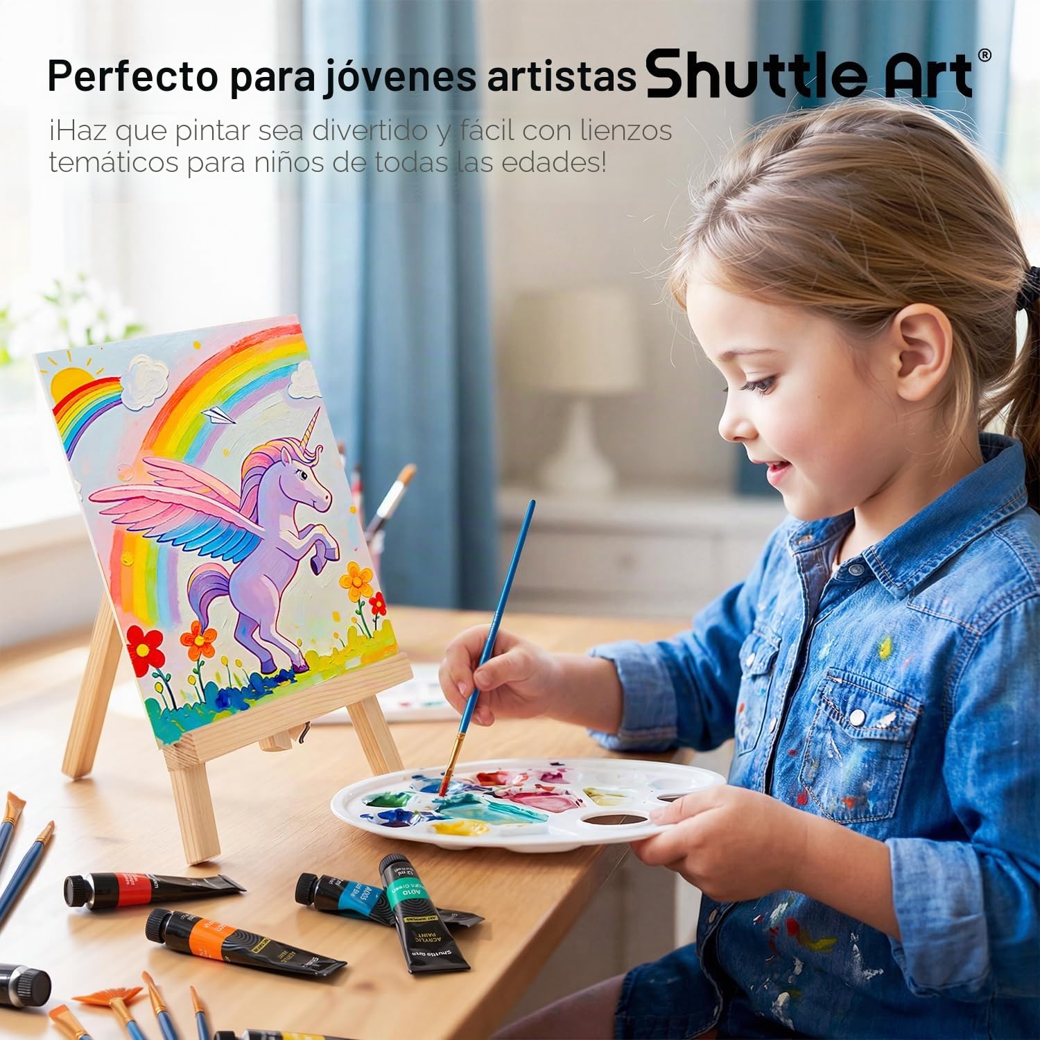 Shuttle Art 69PCS Kit Pintura Niños, Set de Pinturas Acrílicas Completo que Incluye 30 Colores de Acrílica, Caballete, Lienzo, Sello, Pinceles, Paleta para Niños para Pintar