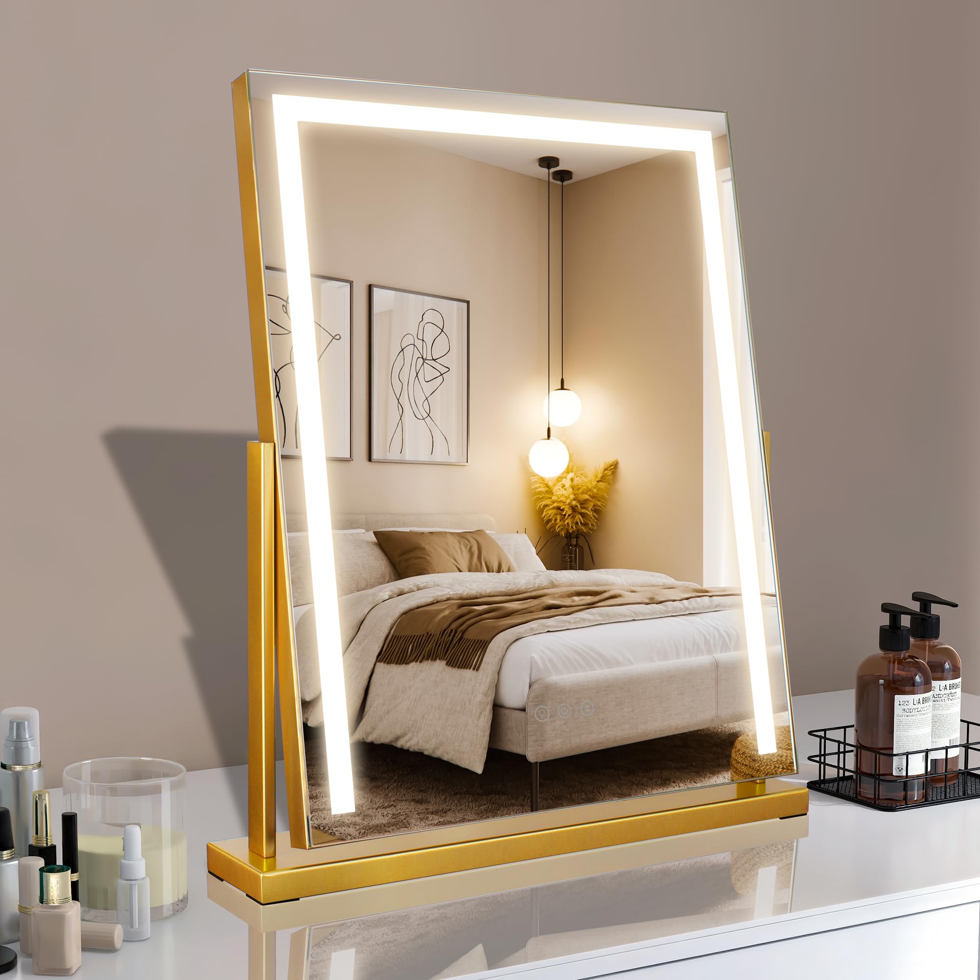 MantoLite 52 cm Square Touch Switch Table Mirror, Gold LED Makeup Mirror, Dimmable 3 Colour Modes for Bedroom