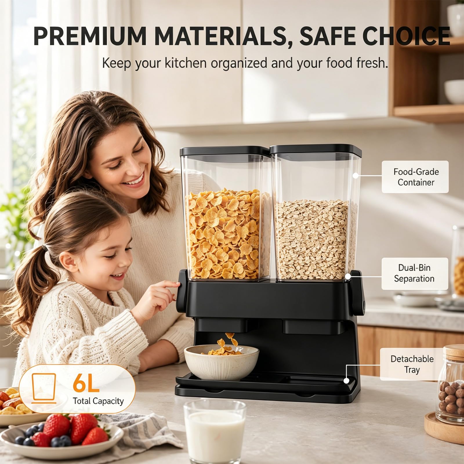 Müslispender 2er Set, 2 x 3L Cereal Dispenser, auslaufsicher & lebensmittelecht, klare Luftdichte Behälter für Cornflakes, Nüsse, Kaffeebohnen & Haferflocken, platzsparend für die Küche (Schwarz)