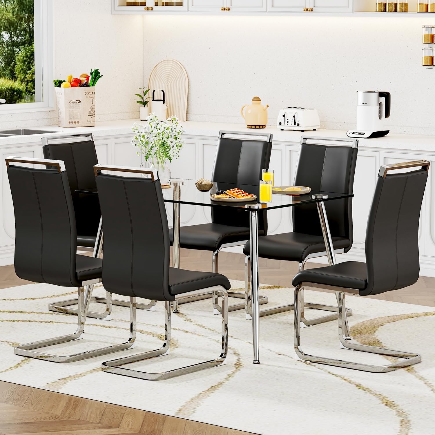 Ebullient Glass Dining Table Set for 6,7 Piece Dining Table and Chairs ...