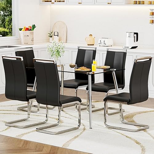 Miniatura 12 de Ebullient Juego de mesa de comedor de cristal para 4, juego de 5 piezas con 4 sillas de comedor de piel sintética negra, mesa de vidrio templado de