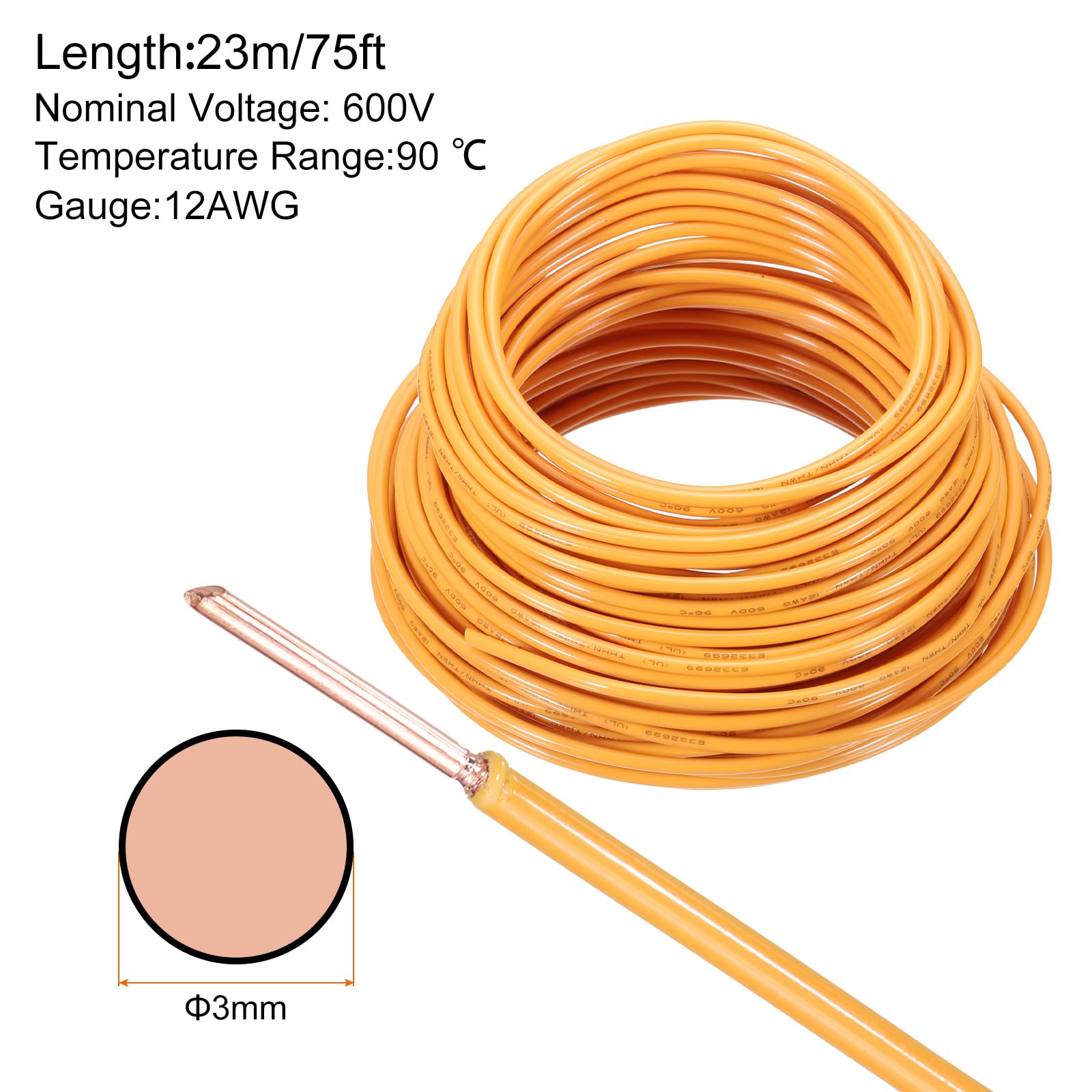 QUARKZMAN Cable Eléctrico Aislado De Cobre Sólido De 75 Pies Calibre 12 AWG Cable De Conexión THHN Para Uso Residencial Industrial Y De Puesta Para 600 Voltios Listado UL Naranja