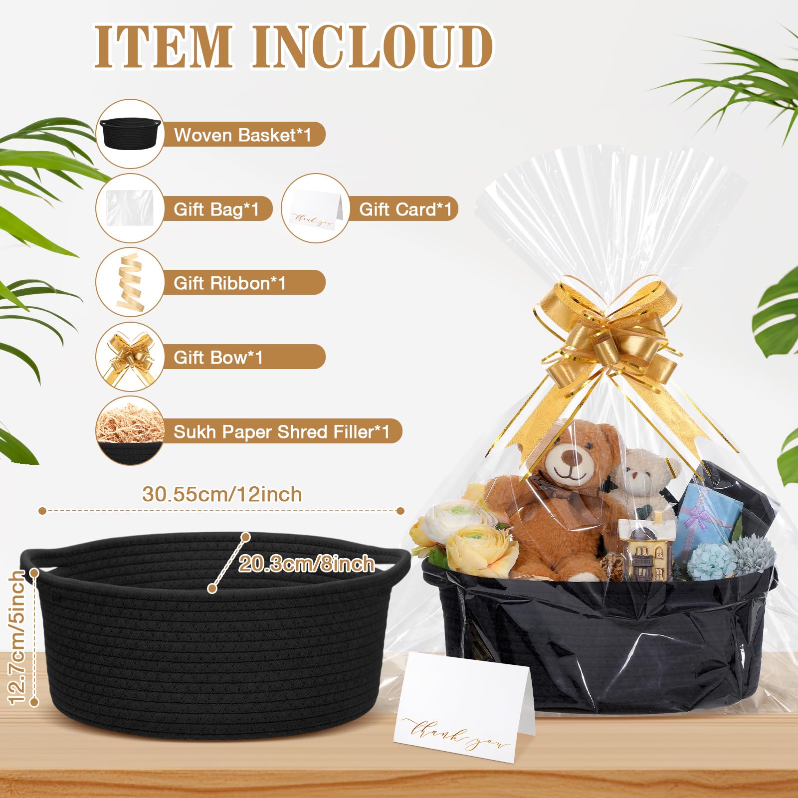 Colingmill Graduation Woven Basket with Gift Bags and 2 Ribbons, Raffia Grass Paper Shred Filler, Gift Card, Empty Small Rope Basket for Storage Presents Toy Organizer(Black,12 * 8 Inch)
