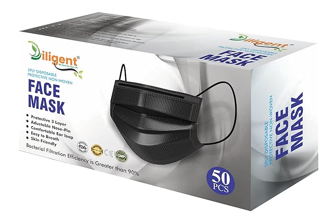 Diligent-We Care For Your Life 3Ply Non-Woven Ultrasonically Sealed With Nose Pin and Soft Earloop Disposable FDA,ISO,WHO-GMP,CE Certified Three Layer Pharmaceutical Breathable Surgical Pollution Face Mask For All Men, Women, Kids (Black-Blue-White)