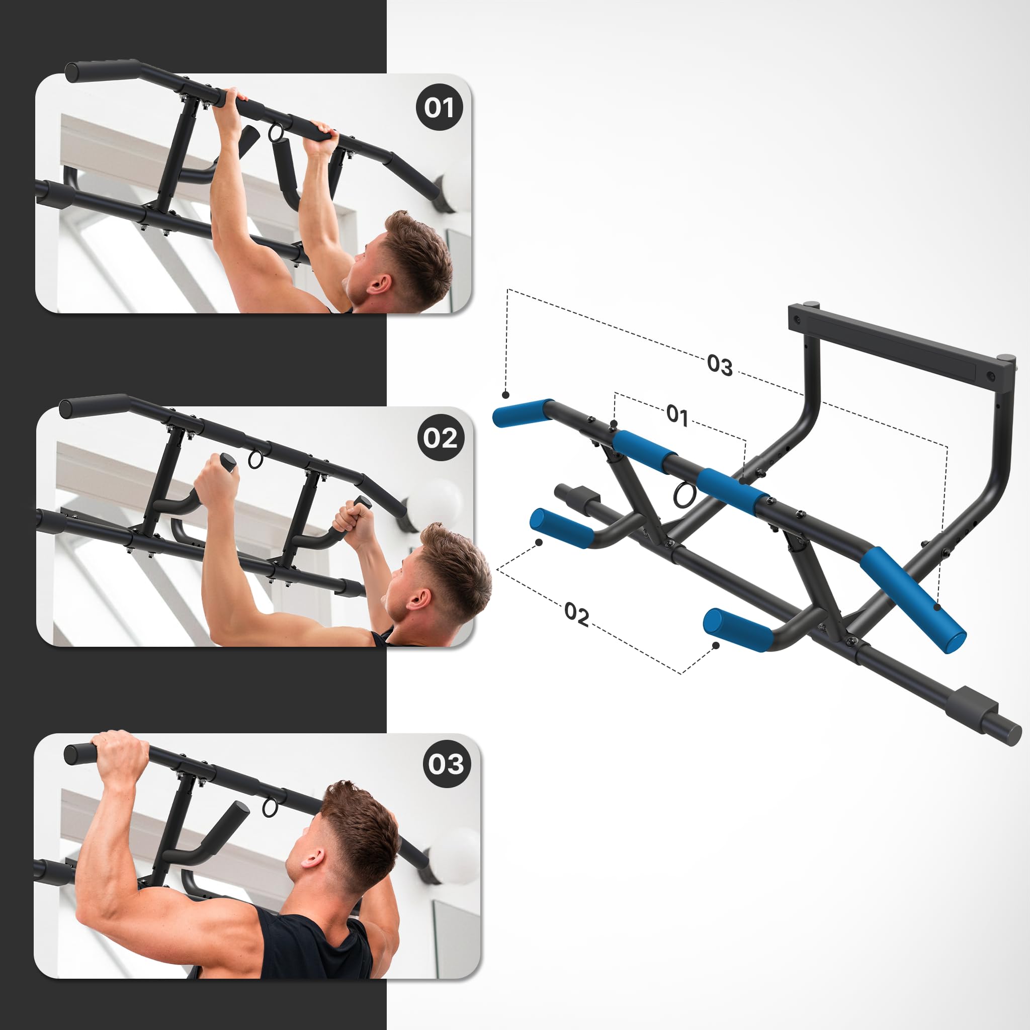 NEOLYMP Premium Klimmzugstange Türrahmen - Türreck mit einstellbarer Höhe, Breite & Tiefe 15–43 cm - Reckstange mit 150 kg Tragkraft - Pull-up Bar ohne Schrauben, einfach in Türrahmen einhängen