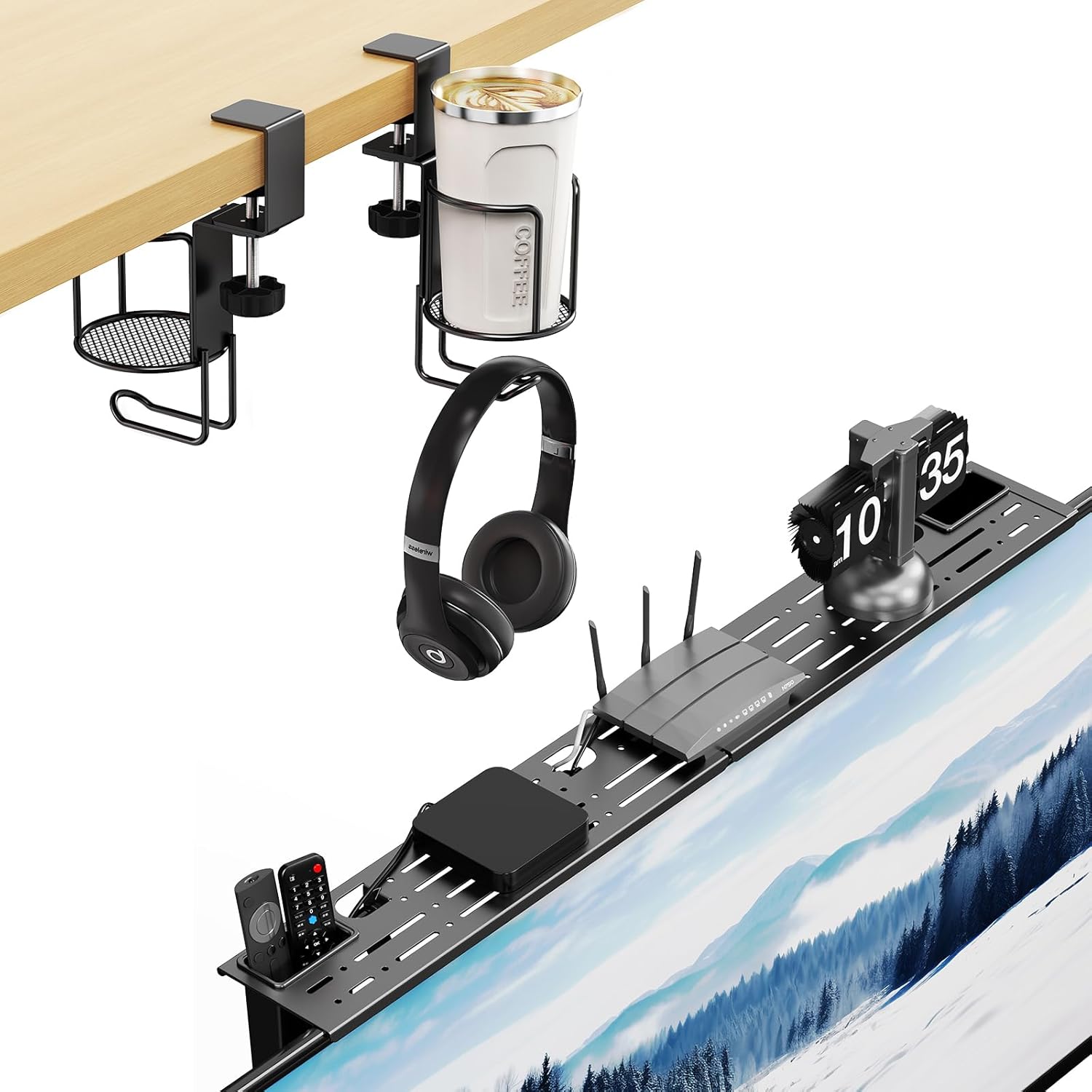 CABTE 2 in 1 Desk Cup Holder with Head Phone Hanger Holder Steel and TV Top Shelf- Adjustable Screen Shelf Floating Stand with 2 Storage Boxes