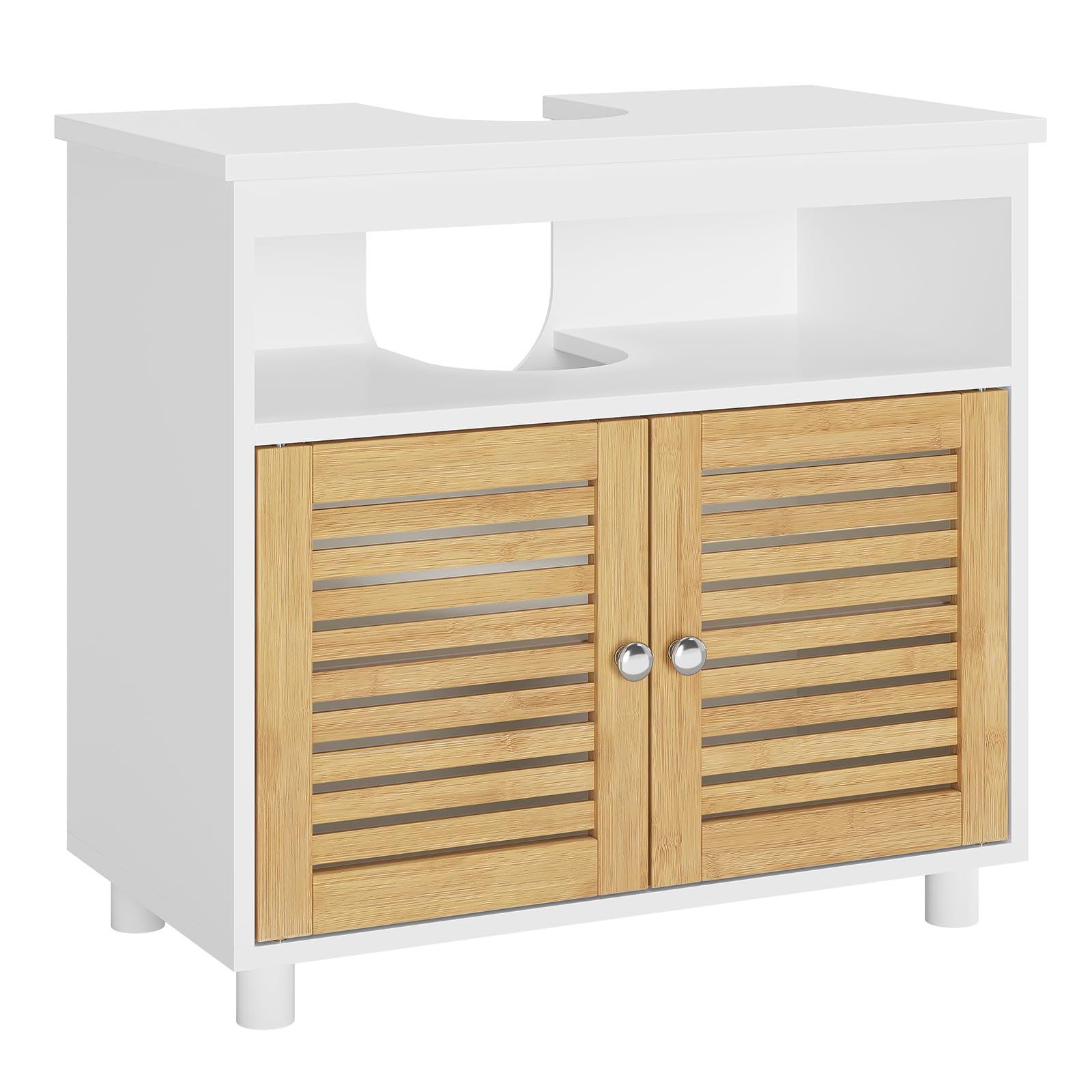 Waschbeckenunterschrank, Badschrank Unterschrank mit Doppeltüren aus Bambus, EIN offenes Fach, Badezimmerschrank, Waschtischunterschrank, 60 x 30 x 60 cm