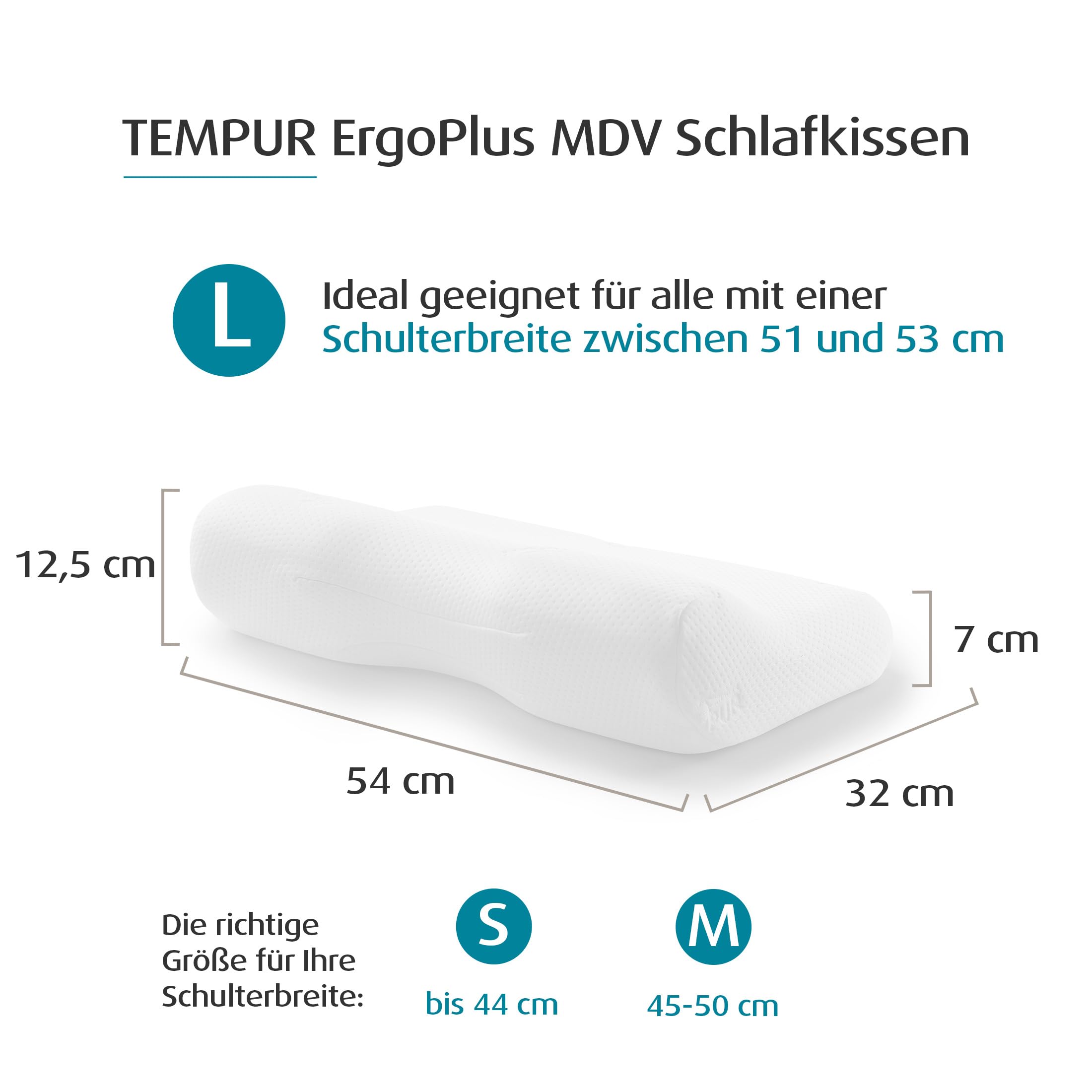 TEMPUR ErgoPlus MDV Kopfkissen, L (54 x 32 x 12.5/7 cm), Weiß