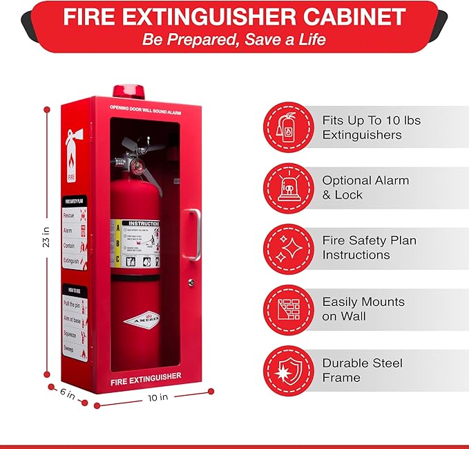 10 lb Fire Extinguisher Cabinet Box – Wall Mount Metal Case with Alarm, Lock, and Acrylic Break-Glass Window – Fits 5 lb and 10 lb Extinguishers (Single Red Cabinet)
