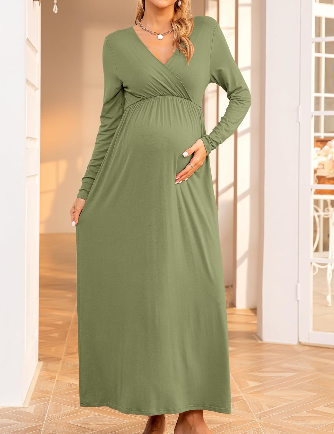 2025 Fall Maternity Maxi Dresses Flowy Long Sleeve Wrap V Neck Elegant Baby Shower Pregnancy Dress Maternity Shoot Outfits Olive Green S - Image 4