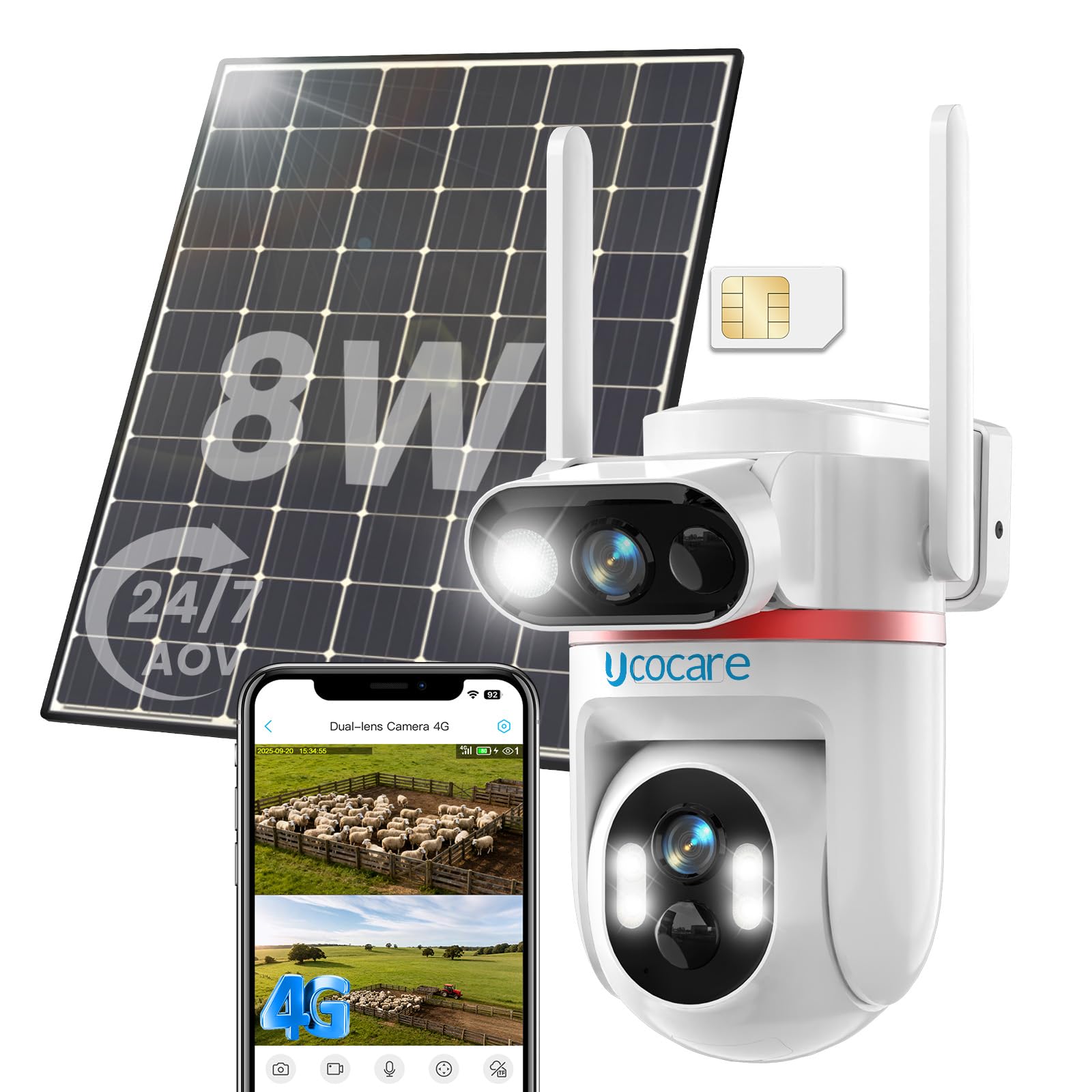 UCOCARE Telecamera Solare 4G da Esterno con SIM, Registrazione AOV 24/7 | Doppia 4MP Telecamera con SIM, Pannello Solare 8W, Batteria 15800mAh, Tracciamento AI 360°, Visione Notturna a Colori, IP66
