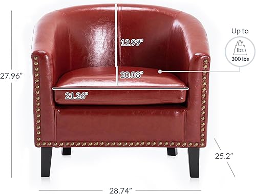 Miniatura 2 de BELLEZE Silla Accent Barrel, moderna silla tapizada para sala de estar, silla de piel sintética con ribete de cabeza de clavo dorado, patas negras,