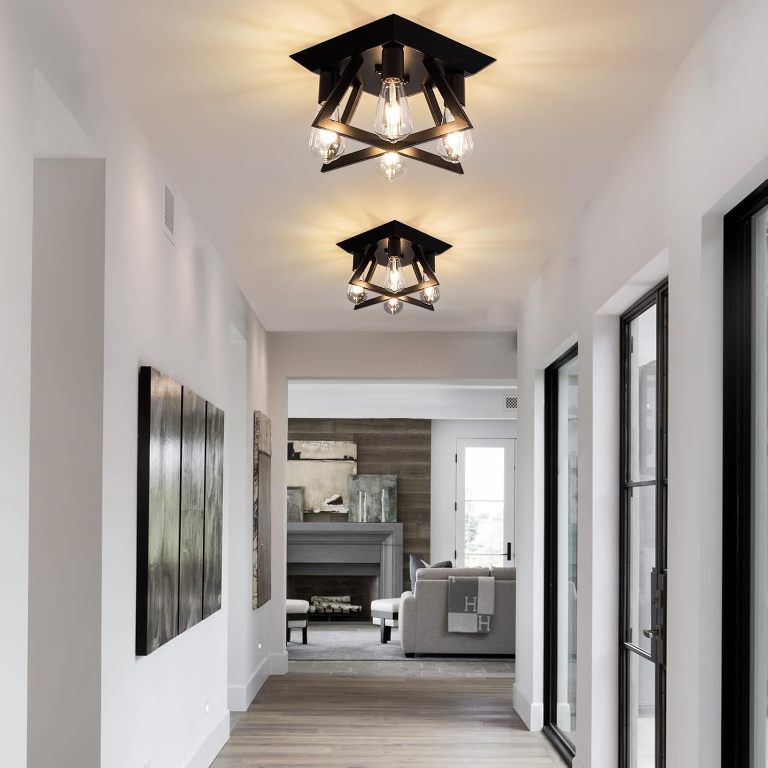 Industrial Ceiling Light Black 4 Light Semi Flush Mount Lights Close to Ceiling Light Gold 15" Farmhouse Ceiling Lighting for Kitchen Bedroom Bathroom Foyer Hallway(E26,1Pack)